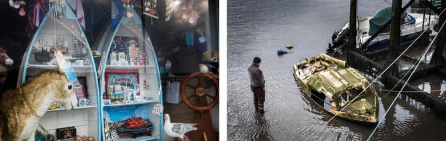 Ein Schaufenster in Scarborough und (r) ein Fischer betrachten beschädigte Boote, die nur bei Ebbe aufgedeckt werden.
