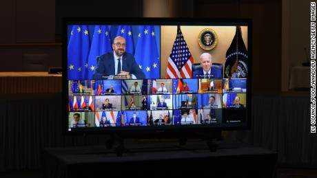 Präsident Joe Biden nimmt an den virtuellen EU-Führern teil & # 39;  Gipfel in Brüssel, Belgien am 25. März 2021.