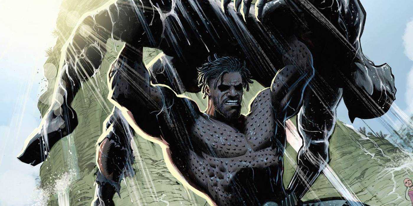 Killmonger hebt Black Panther über seinen Kopf.