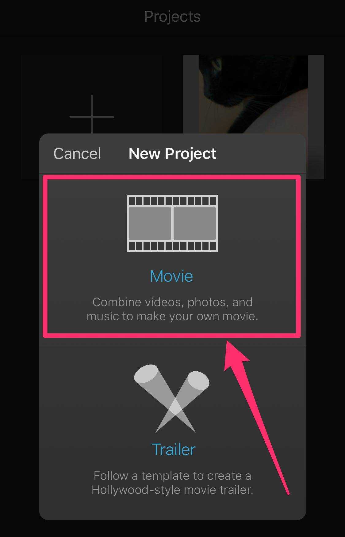 Screenshot des Fensters „Neues Projekt“ der iMovie-App