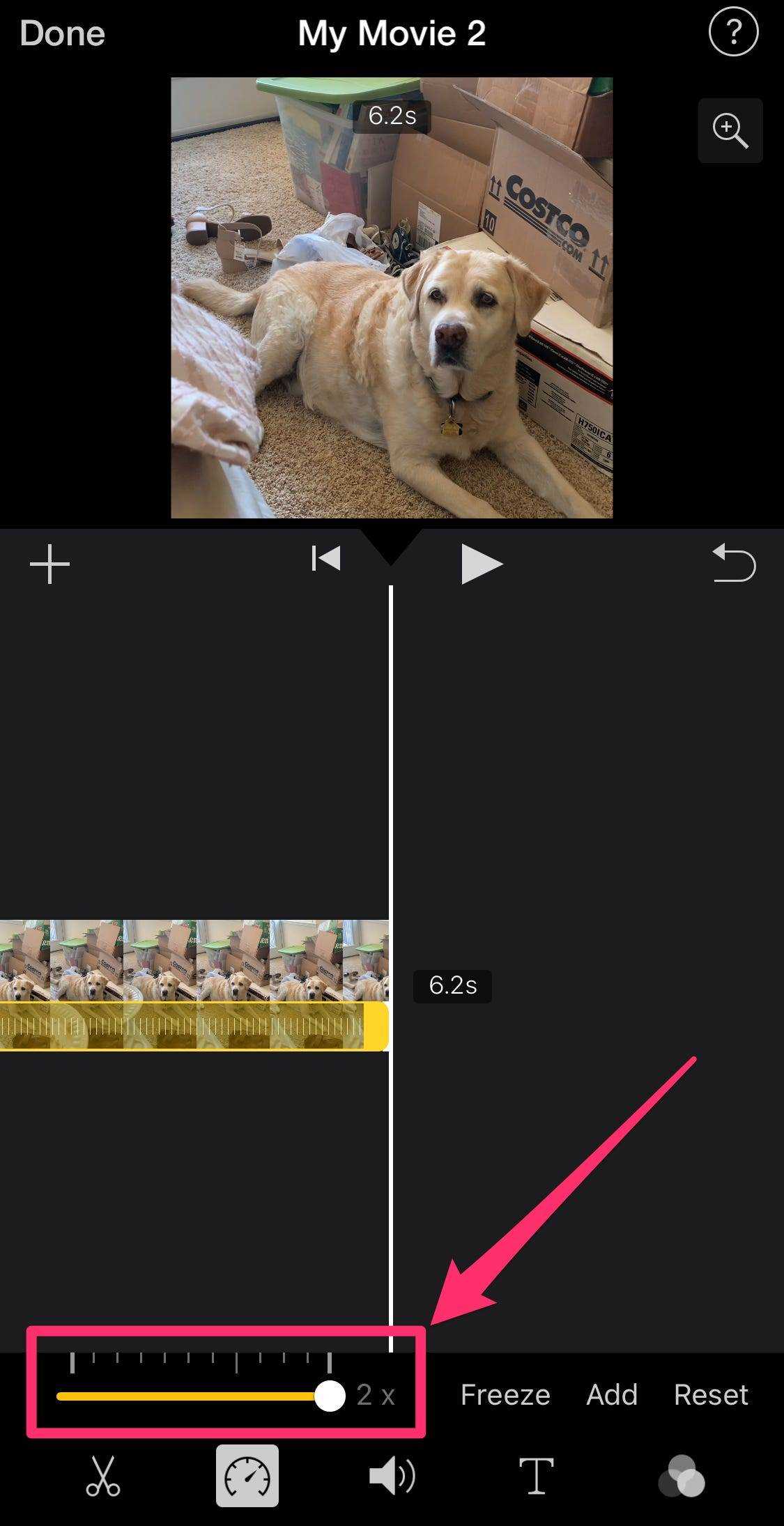 Screenshot des iMovie-App-Geschwindigkeitsbearbeitungstools