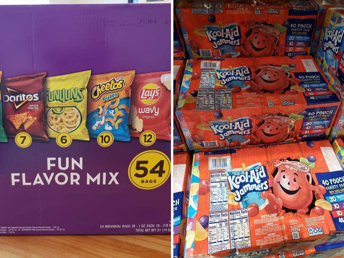 (links) Costco Packung Frito legt Chips Packungen (rechts) Costco Packungen Koolaid Jammers Saftbeutel