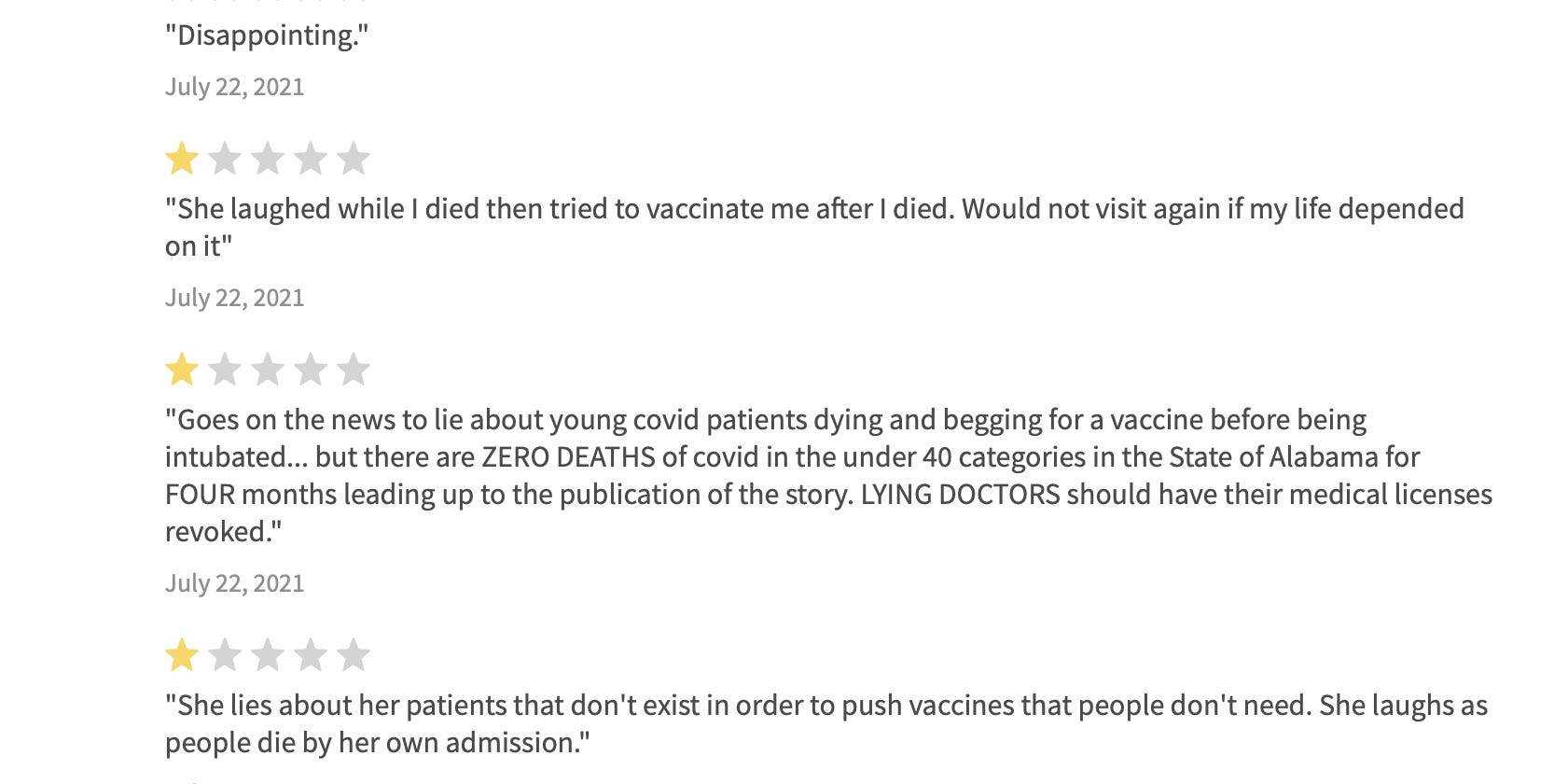 Ein Screenshot der jüngsten Scheinbewertungen von Dr. Brytney Cobia, der betrogen wird, weil er Menschen darum bittet, sich gegen COVID-19 impfen zu lassen