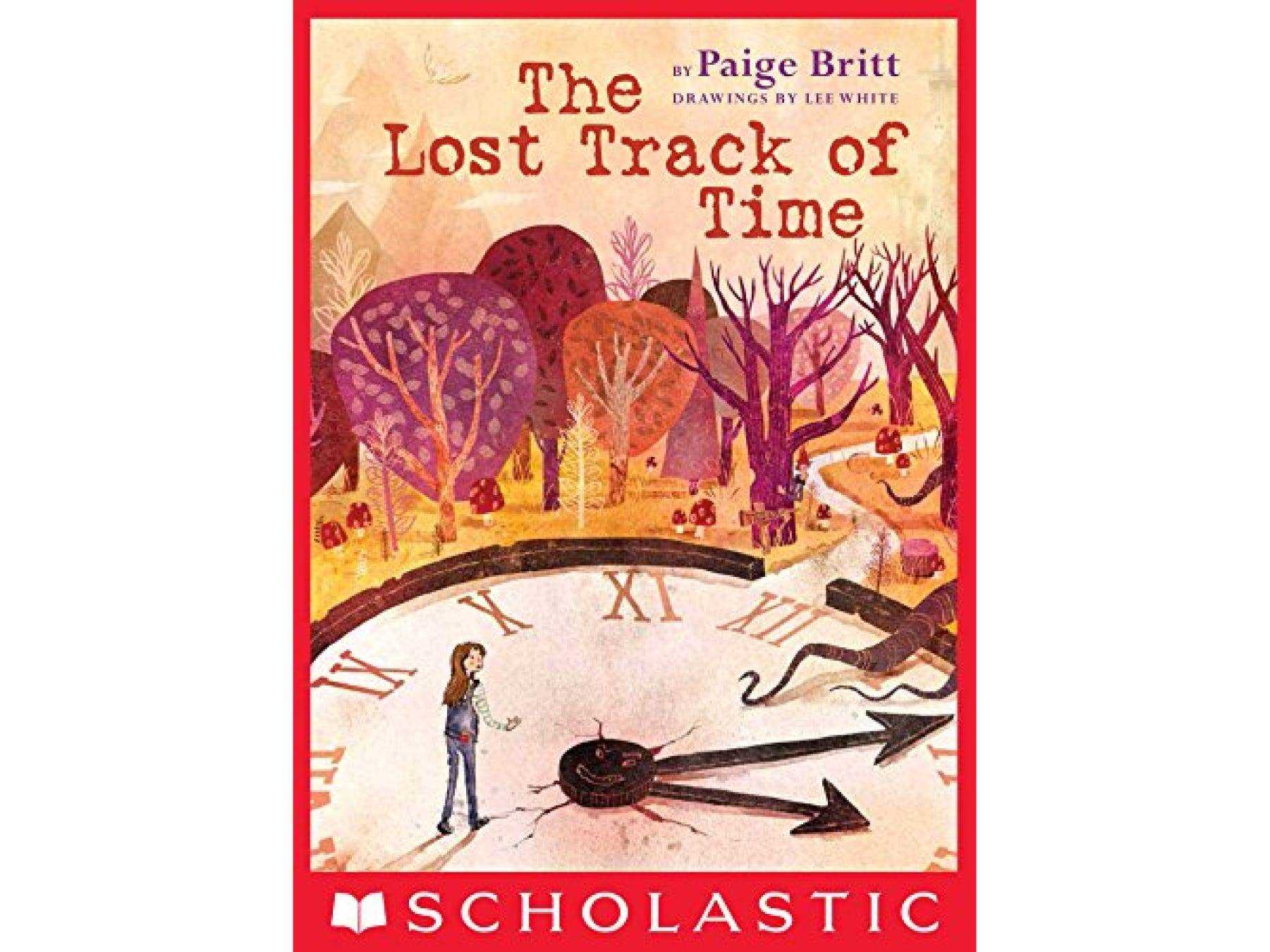 Das Cover von Lost Track of Time mit einer Illustration einer Person, die auf einer kaputten Uhr in einen Pfad durch die Bäume geht