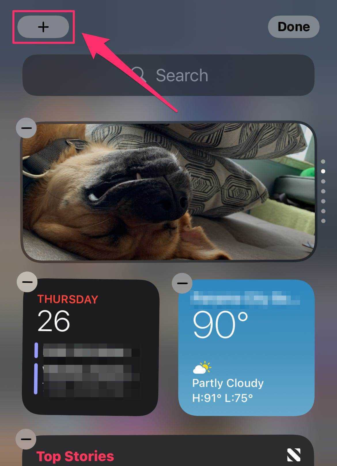 iPhone-Screenshot einer Homepage mit hervorgehobenem +-Button