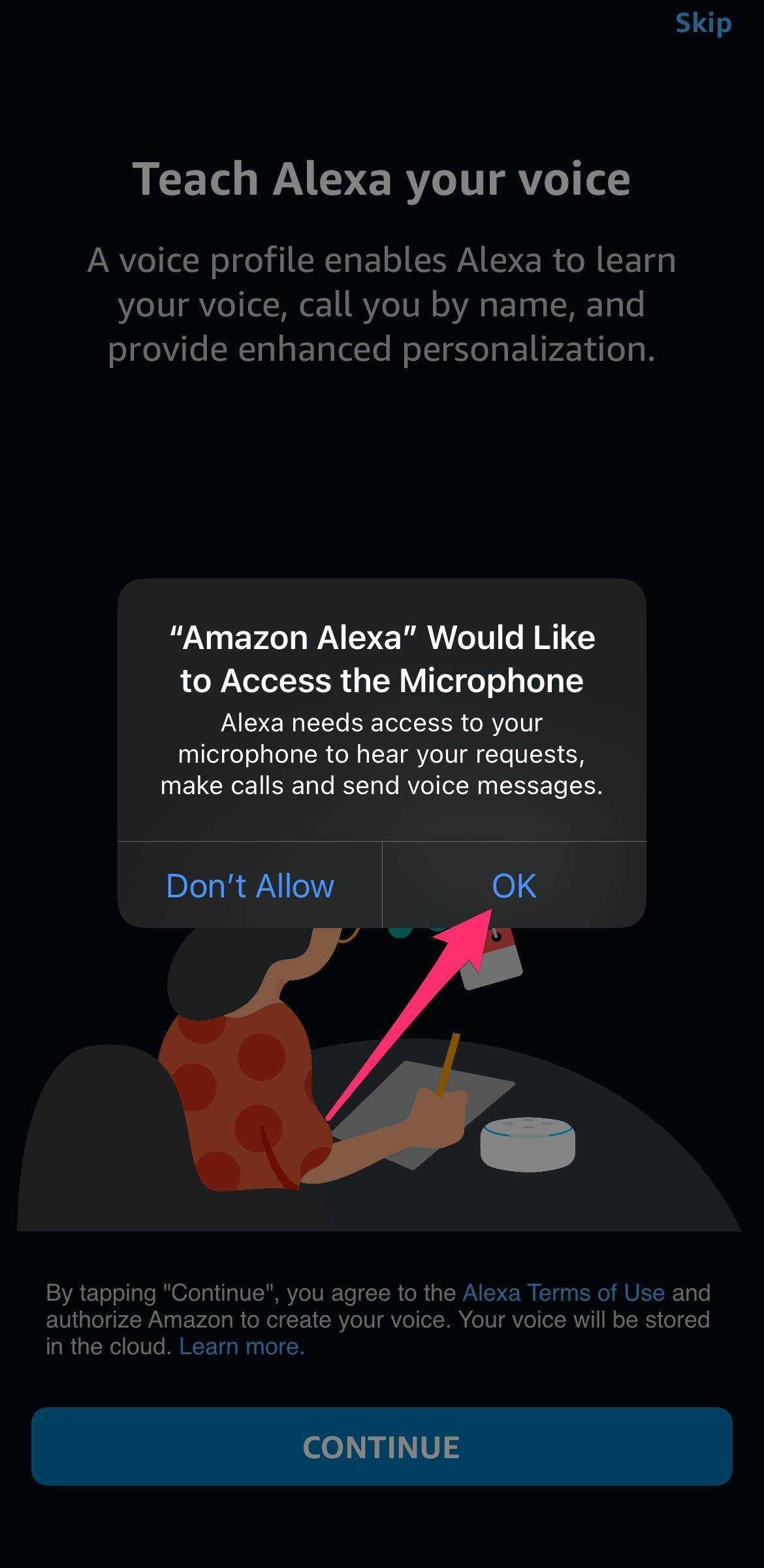 iPhone-Screenshot eines Popup-Menüs von Alexa, das den Mikrofonzugriff anfordert.
