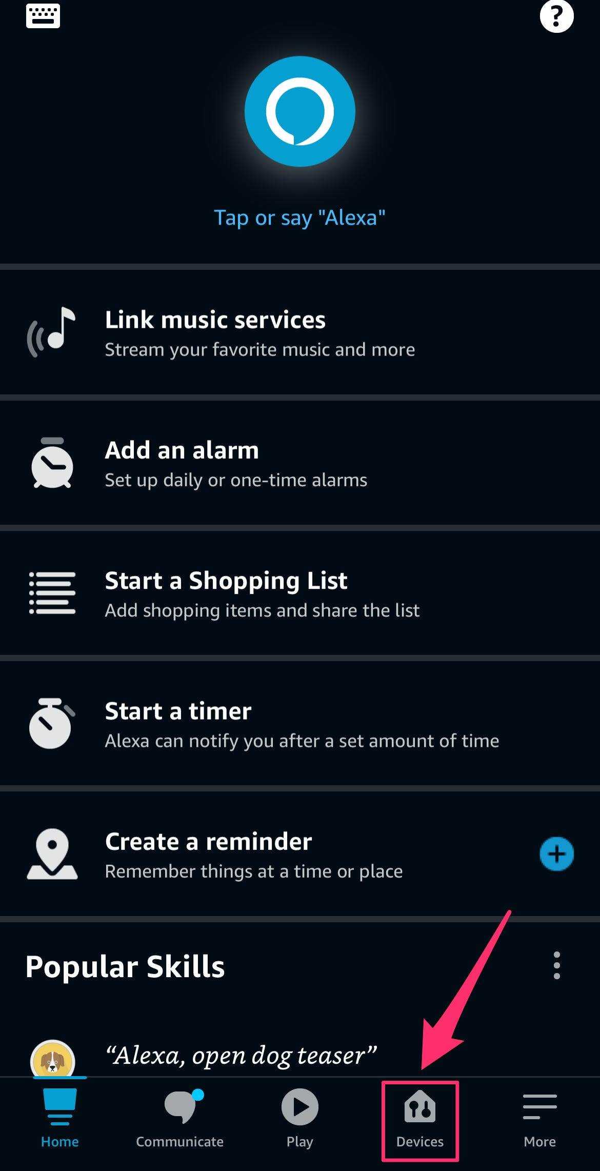 iPhone-Screenshot der Alexa-App-Startseite mit hervorgehobener Schaltfläche „Geräte“