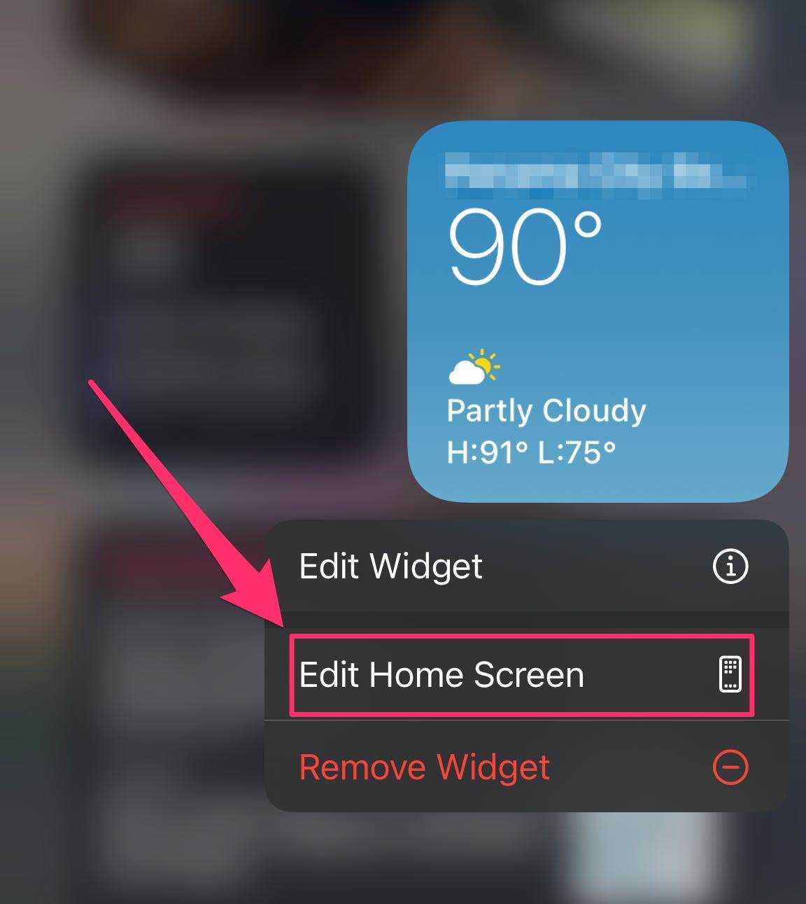 iPhone-Screenshot eines Widgets mit dem Popup-Menü
