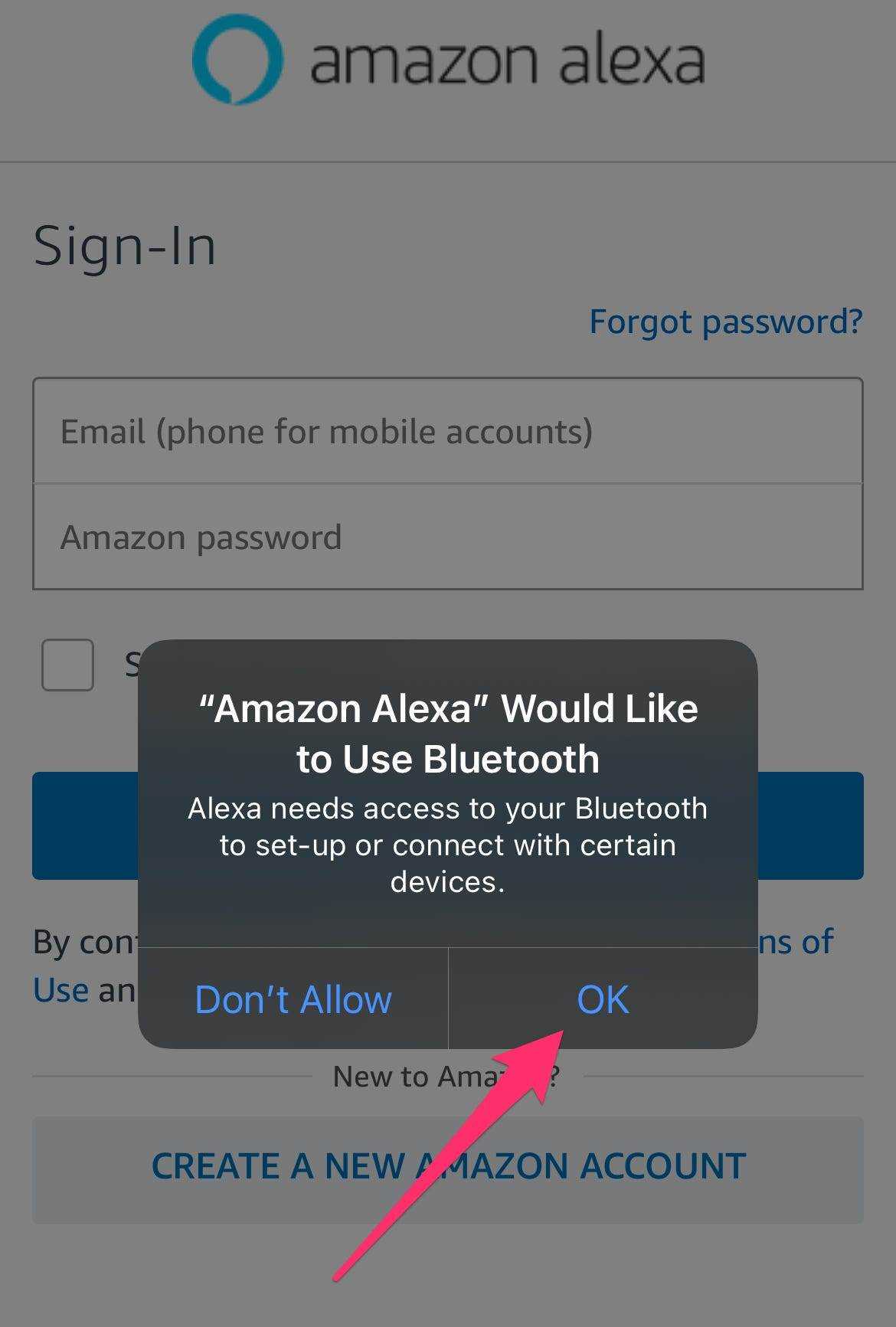 iPhone-Screenshot eines Popup-Menüs von Alexa, das Bluetooth-Zugriff anfordert