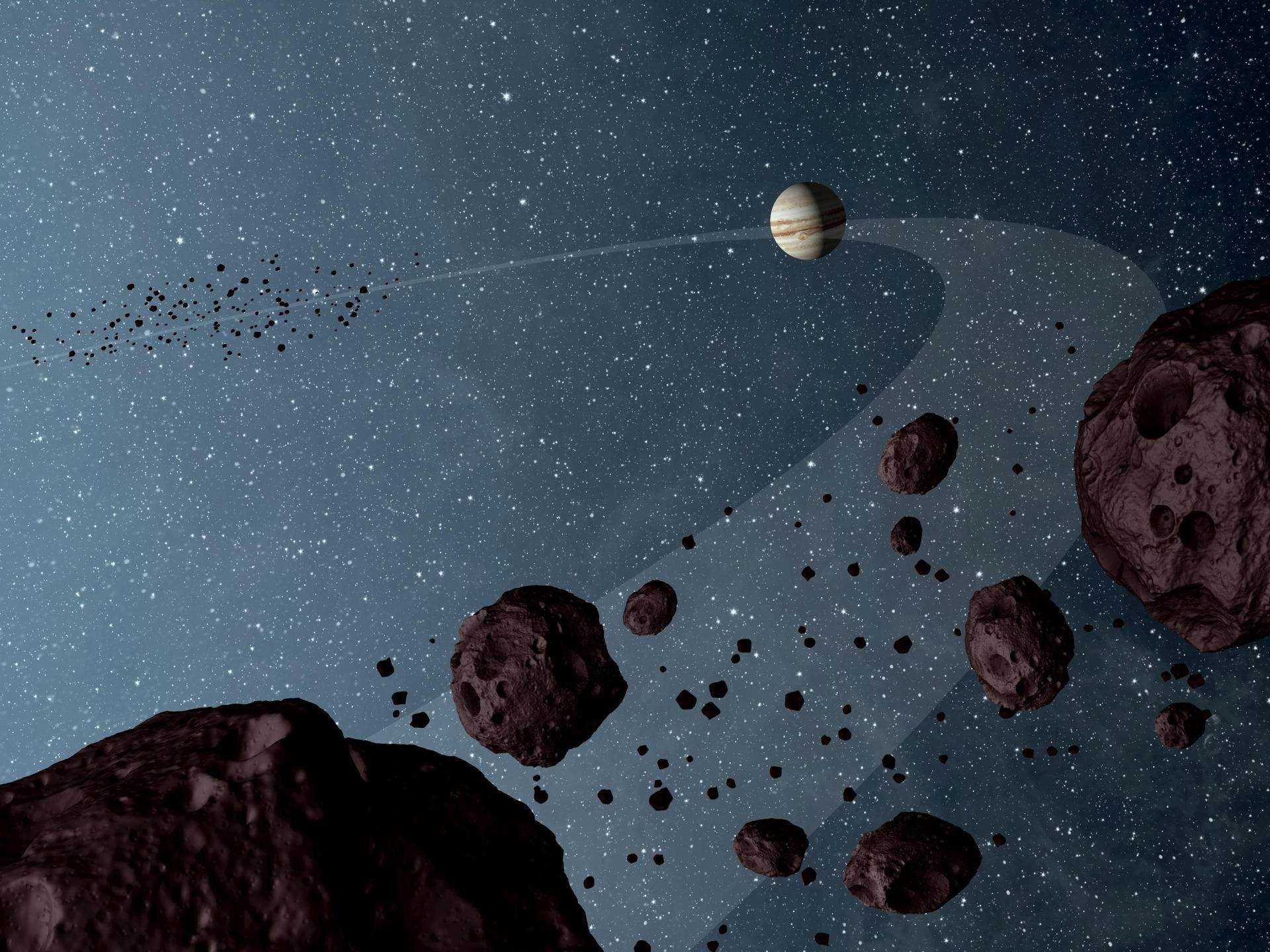 Trojanische Asteroiden Illustration Felsen im Weltraum, die Jupiter führen und folgen