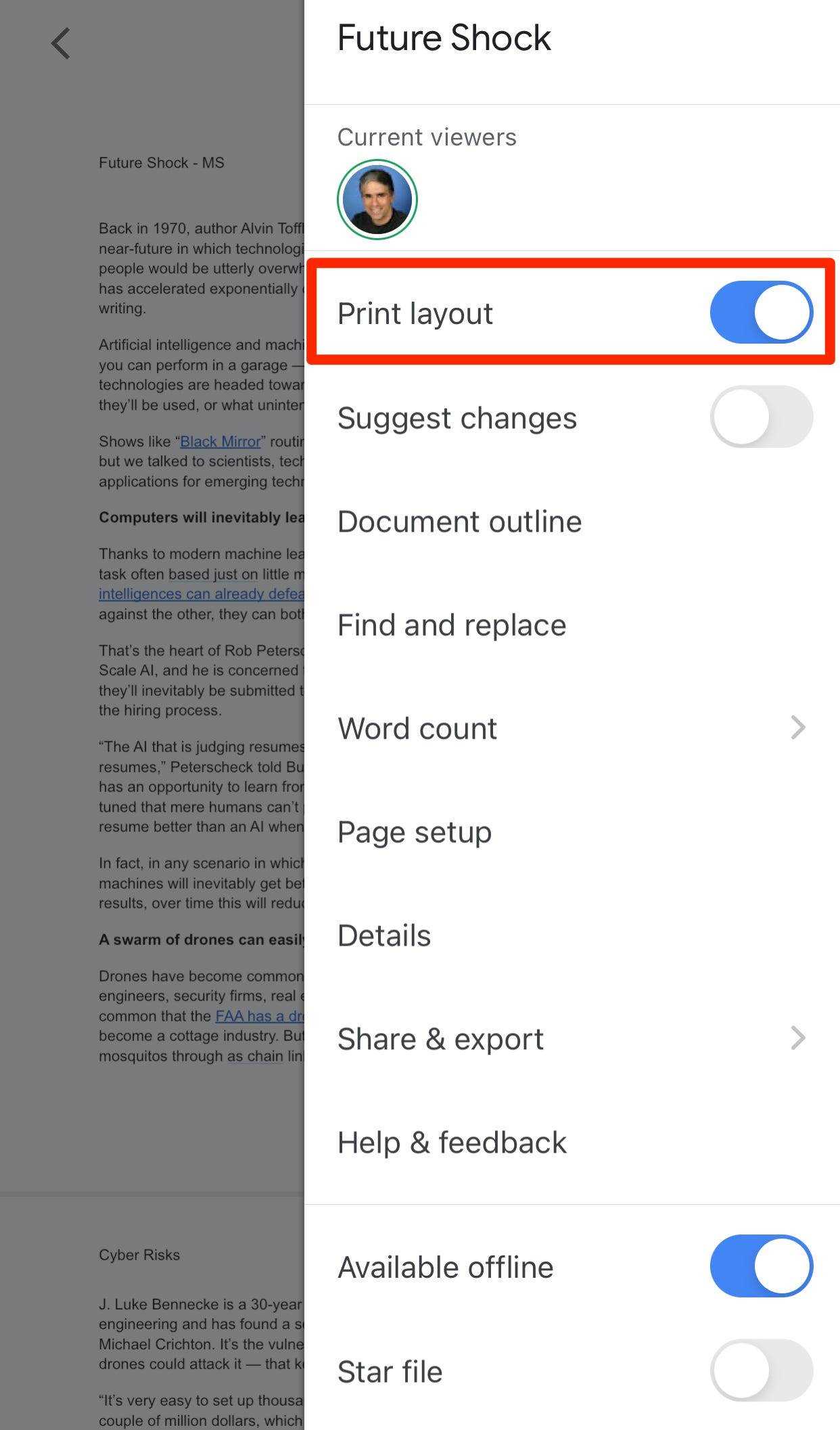 Screenshot der Drucklayout-Schaltfläche in der Google Docs-App