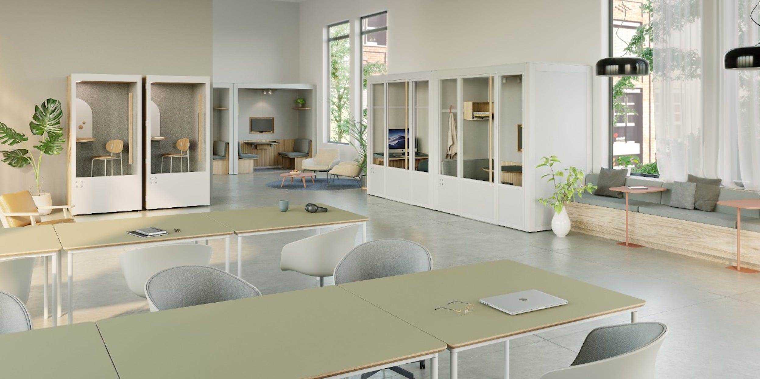 Renderings von White Room for Zoom-Kabinen in einem leeren Büro