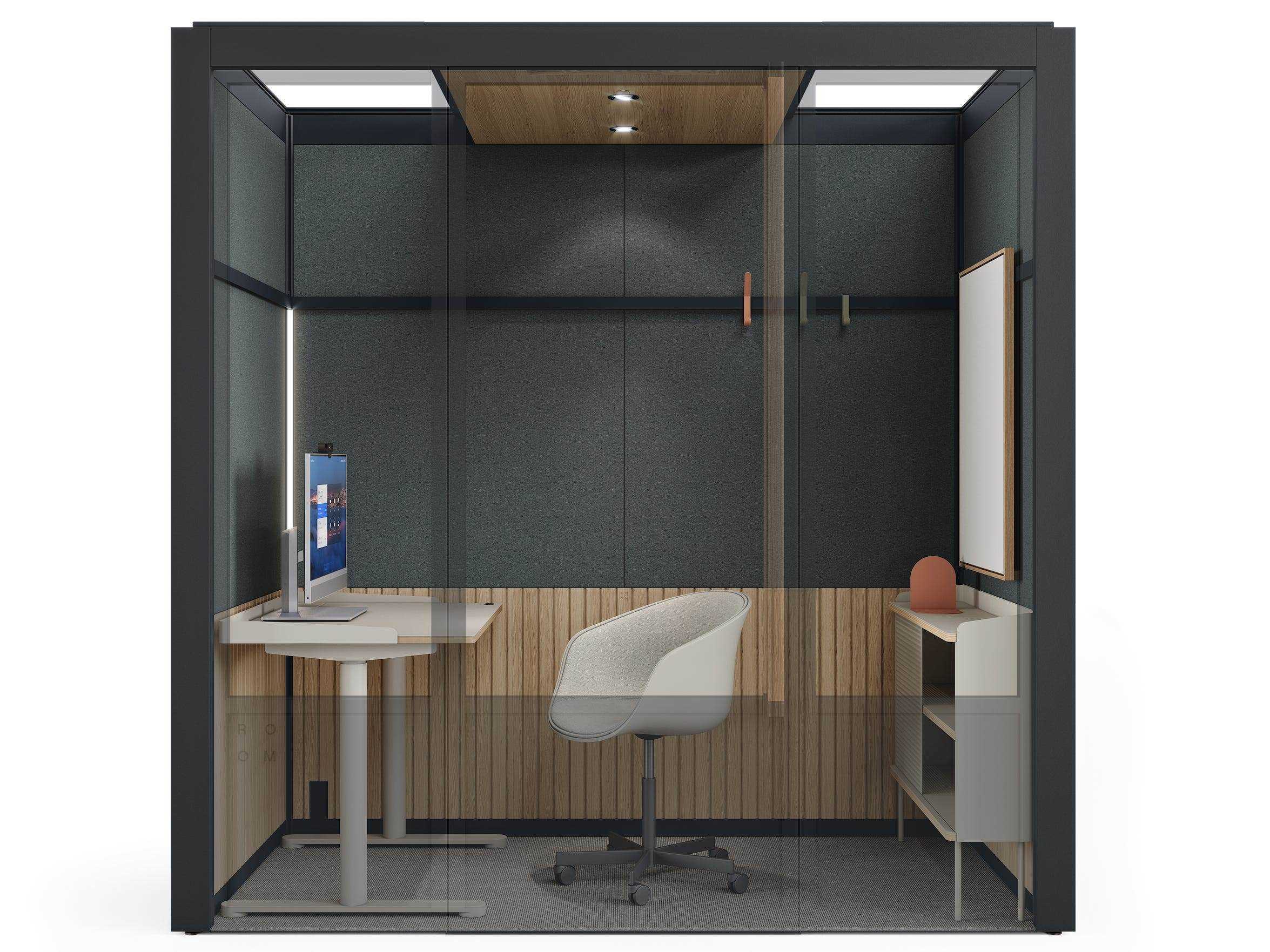 ein Rendering eines Raums für Zoom-Stand mit einem schwarzen Rahmen und einem Stuhl, Schreibtisch, Whiteboard, Desktop