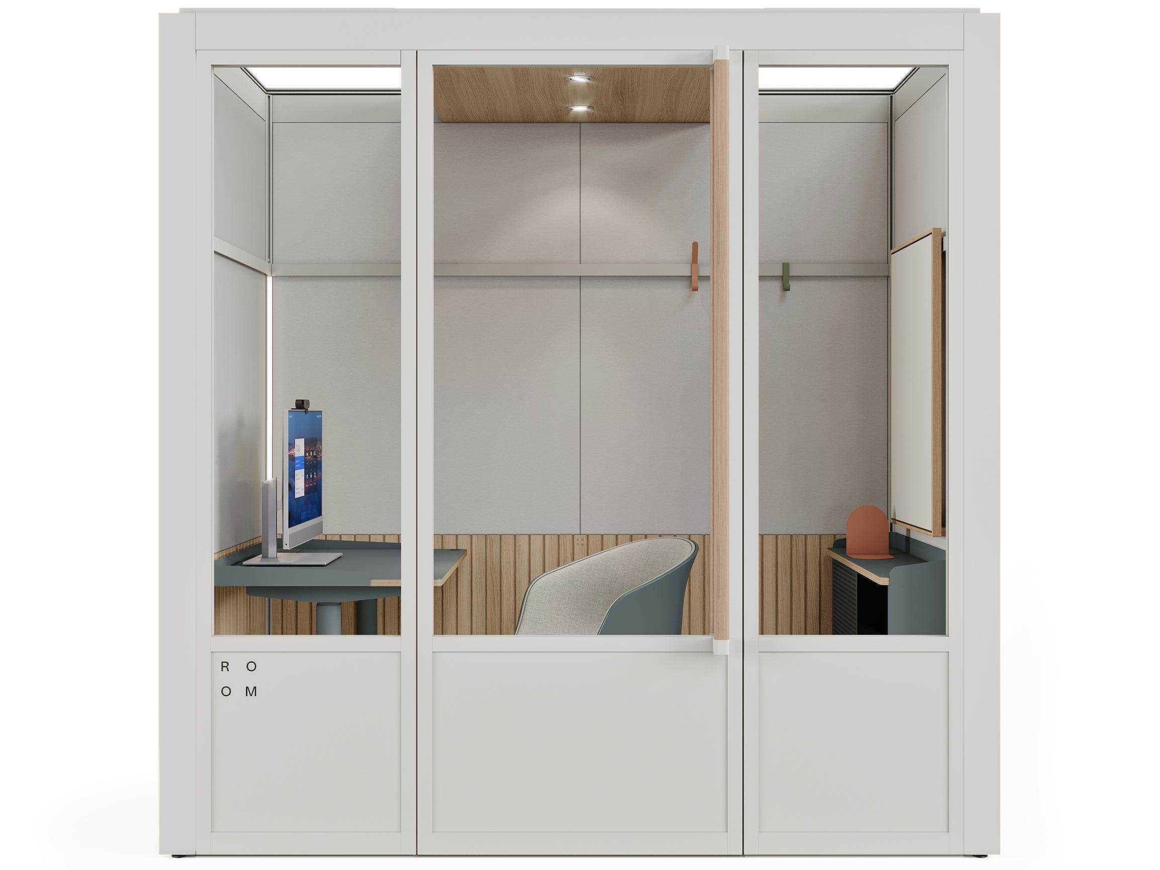 ein Rendering eines Raums für Zoom-Stand mit einem weißen Rahmen und einem Stuhl, Schreibtisch, Whiteboard, Desktop