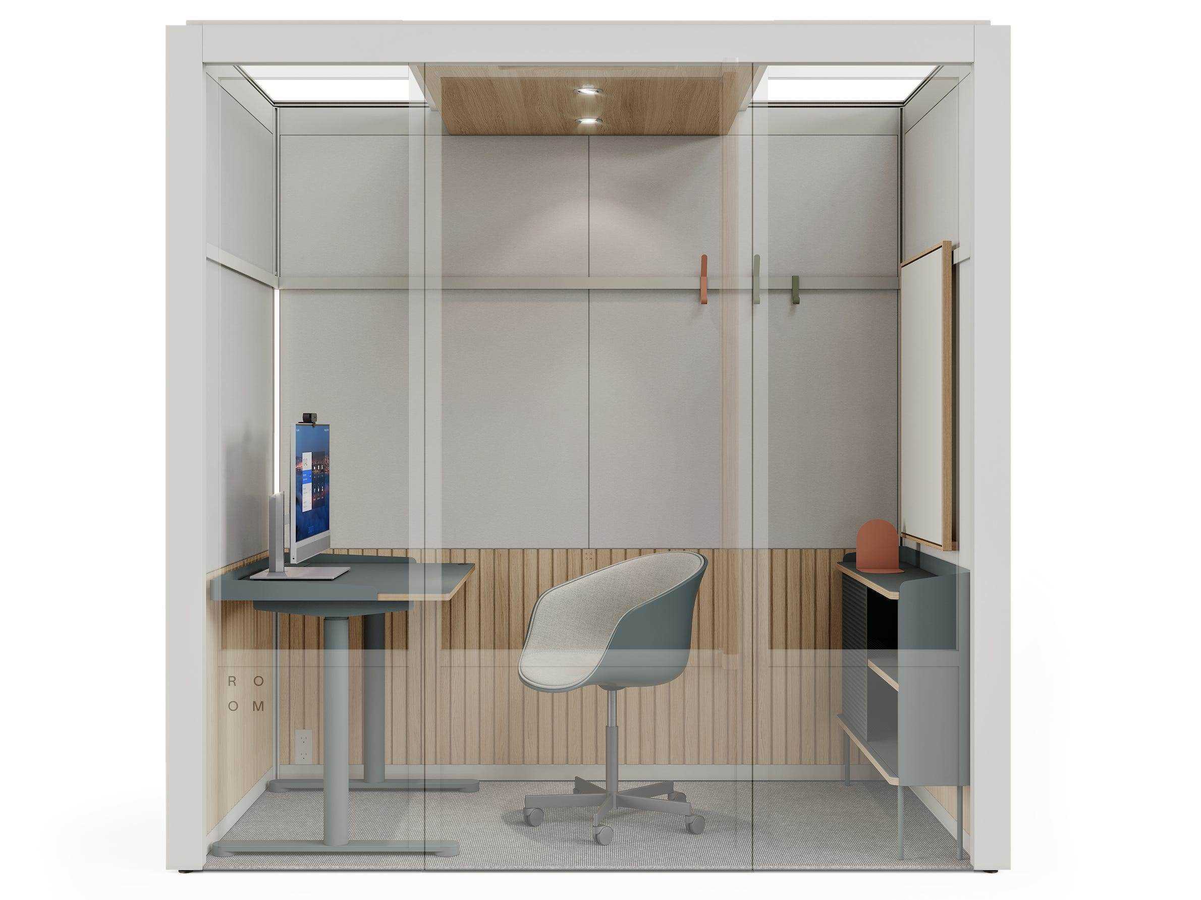 ein Rendering eines Raums für Zoom-Stand mit einem weißen Rahmen und einem Stuhl, Schreibtisch, Whiteboard, Desktop