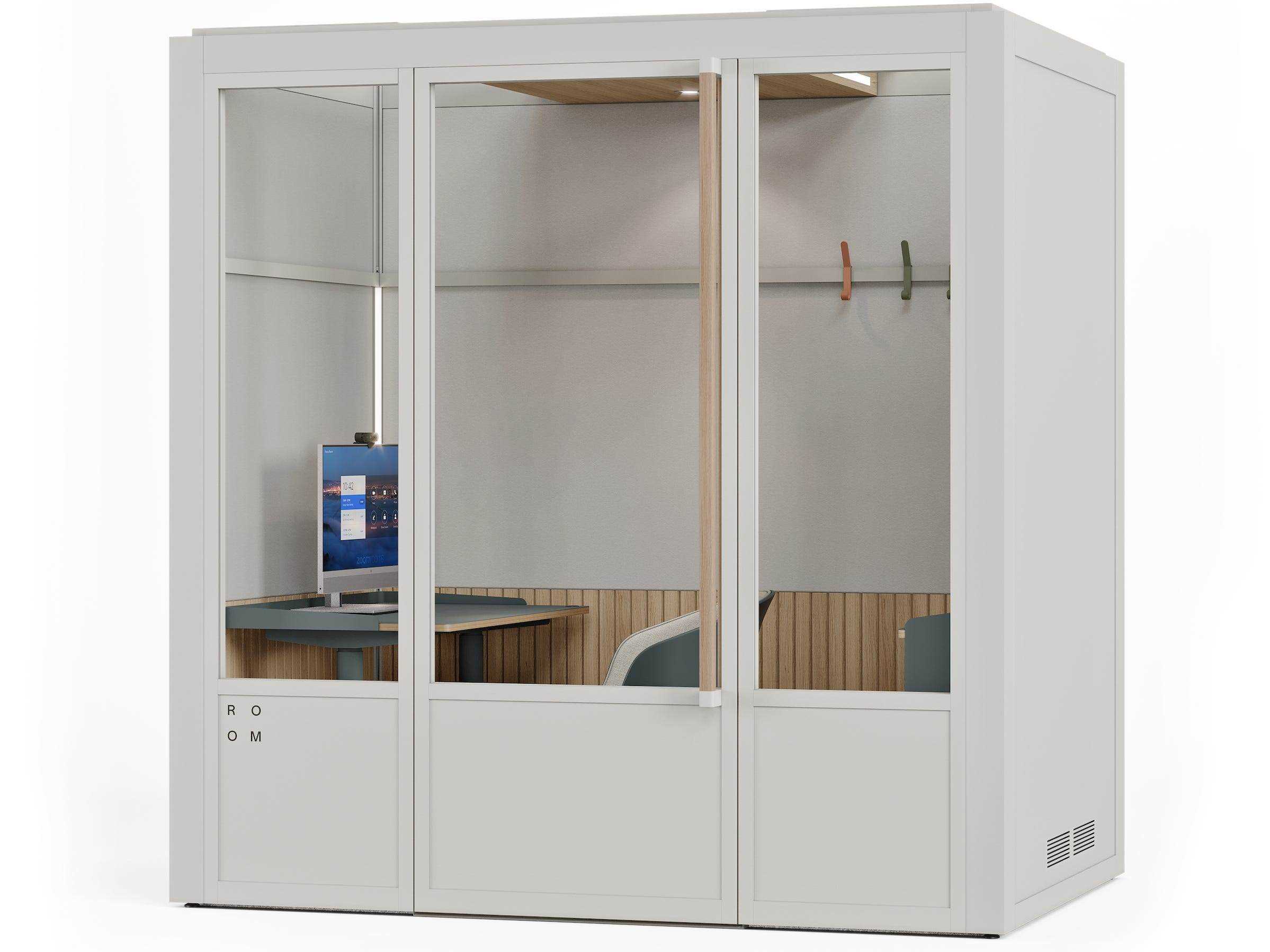 ein Rendering eines Raums für Zoom-Stand mit einem weißen Rahmen mit Stuhl, Schreibtisch, Desktop
