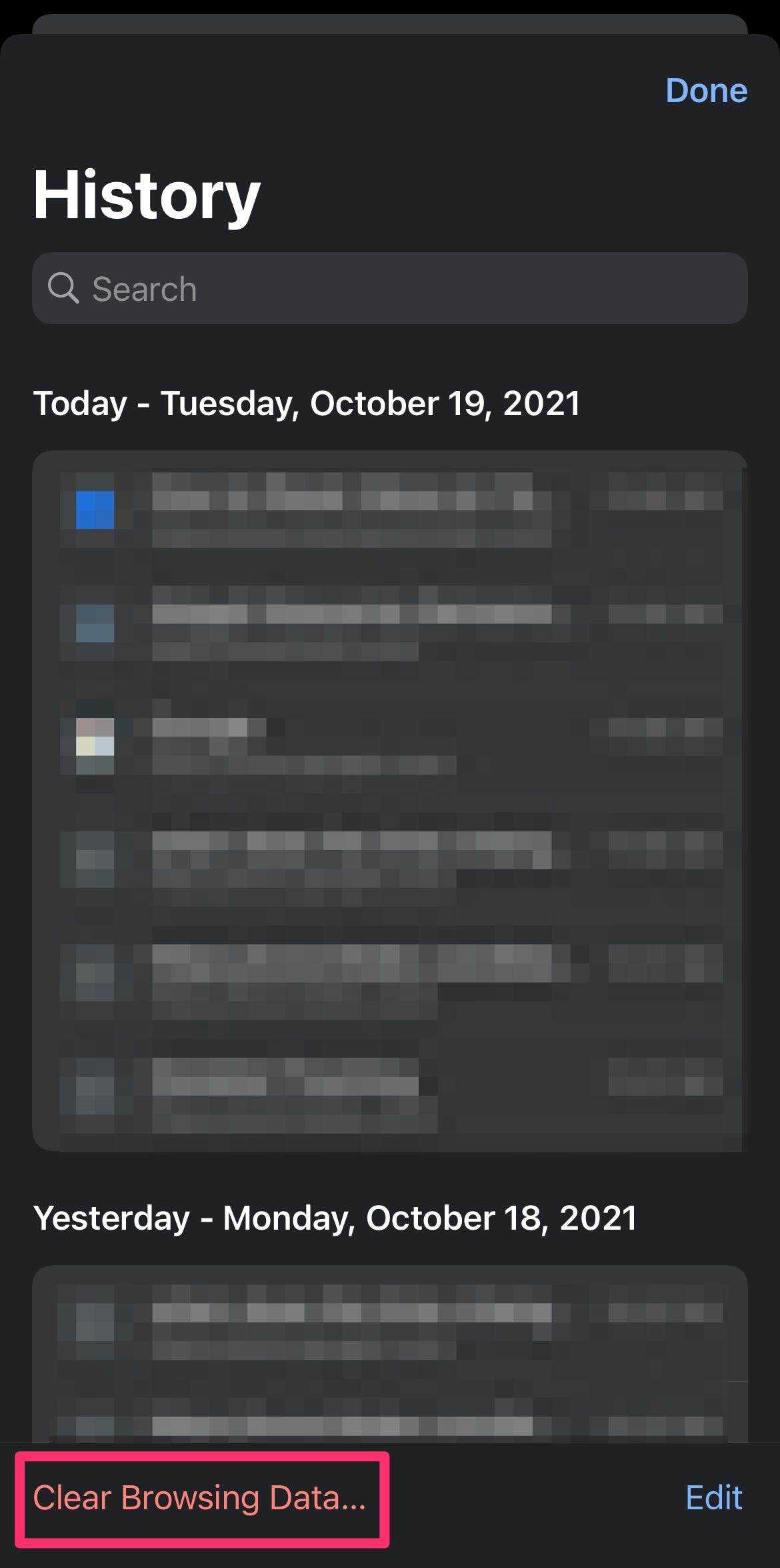 Screenshot der Verlaufsseite in der Chrome-App