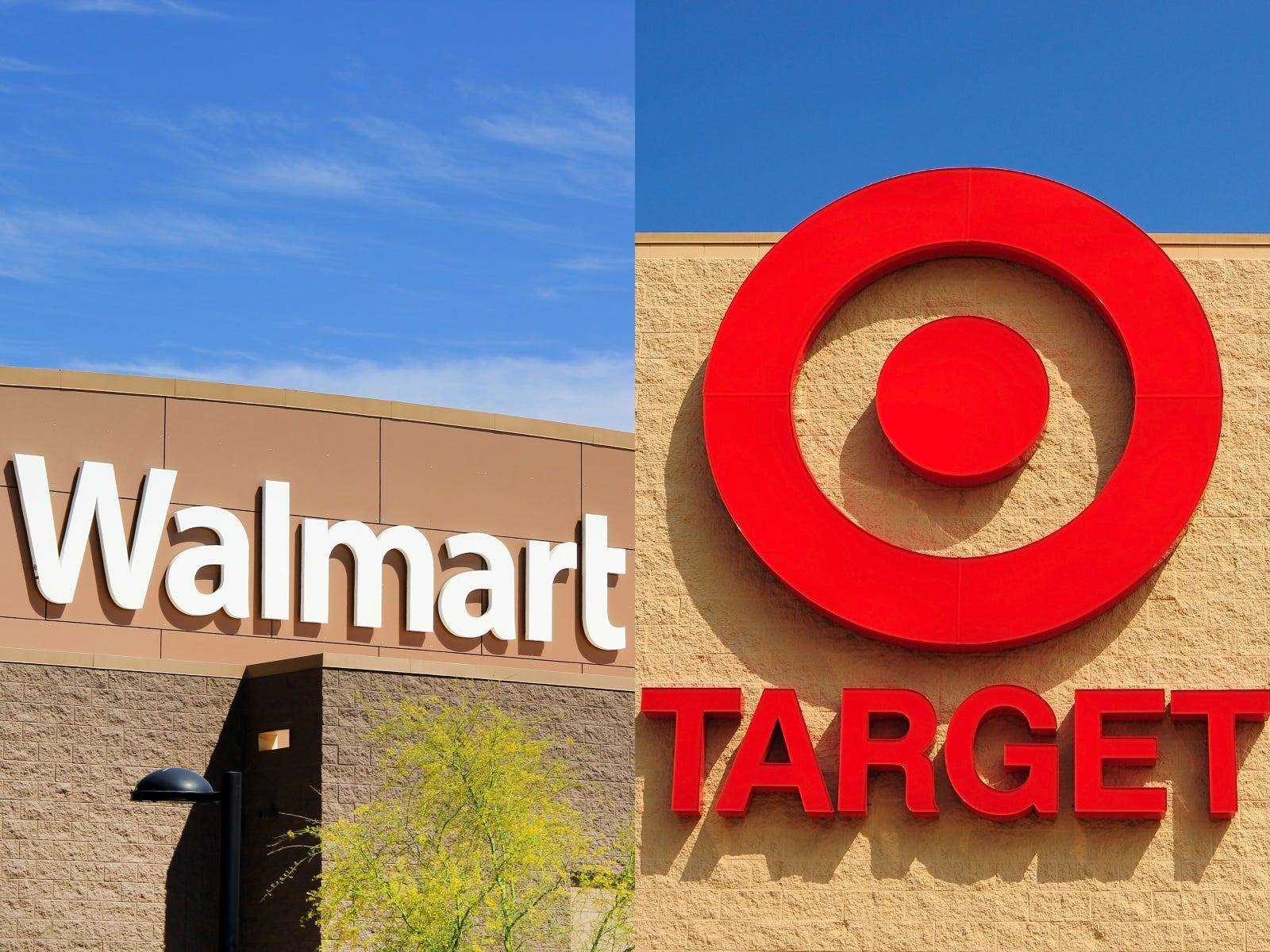 Das Äußere eines Walmart und eines Target, Seite an Seite, Geschäfte, die Affirm 2022 akzeptieren