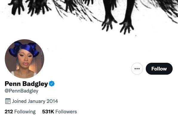 ein Bild von Pen Badgleys Twitterprofil, das ein Bild von Cardi B mit blauen Haaren als Profilbild zeigt