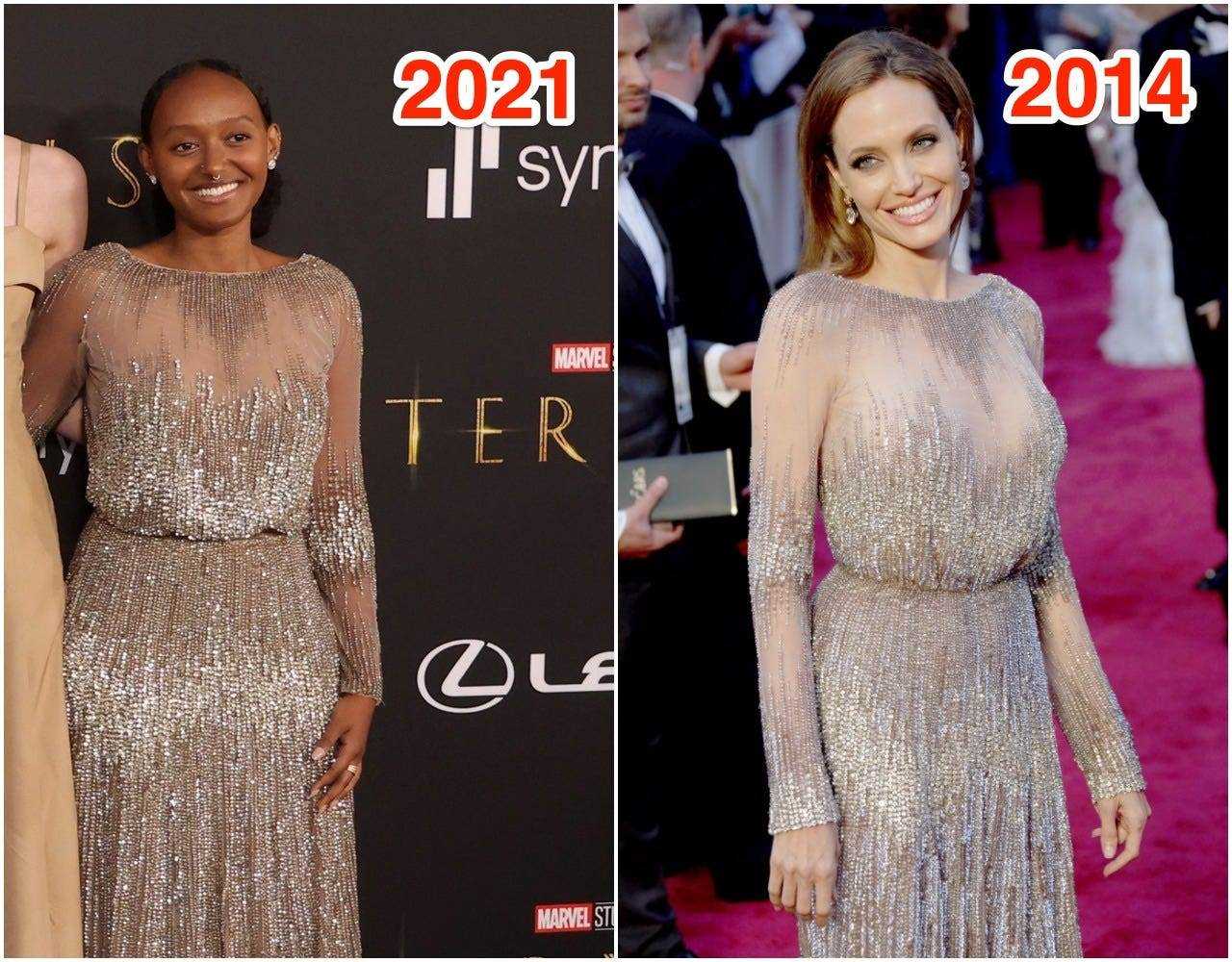 Zahara Jolie-Pitt trug 2021 das gleiche Elie Saab-Kleid (links), das ihre Mutter Angelina Jolie 2014 bei den Oscars trug (rechts).
