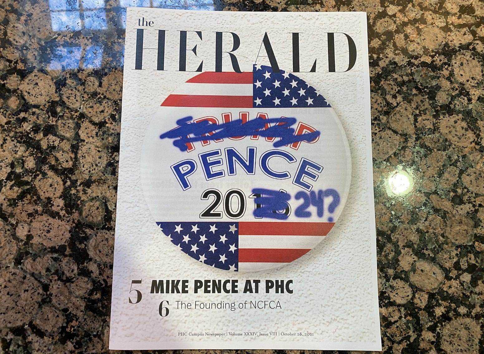 Die Studentenzeitung des Patrick Henry College kündigt den Besuch des ehemaligen Vizepräsidenten Mike Pence an.