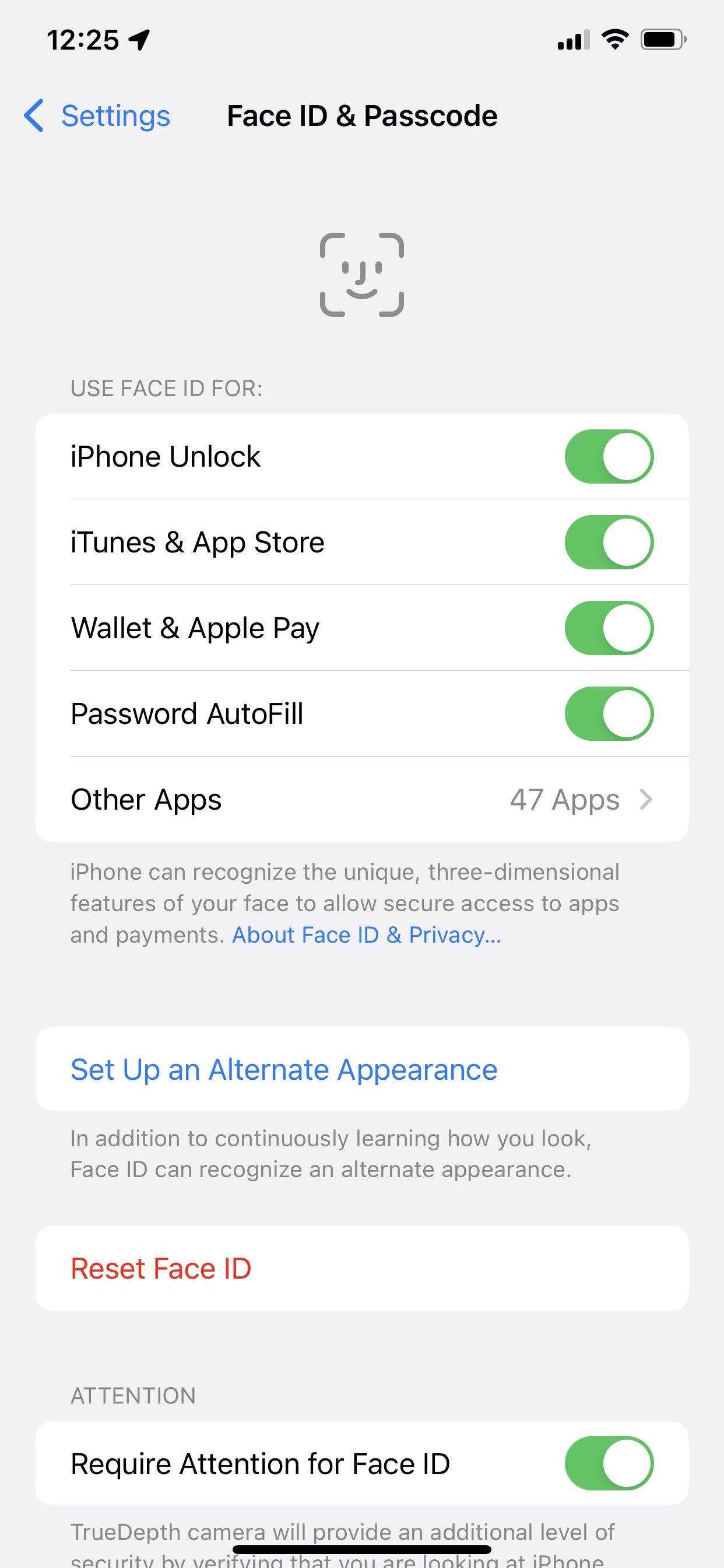 Einstellungs-App Face ID-Seite auf iOS.