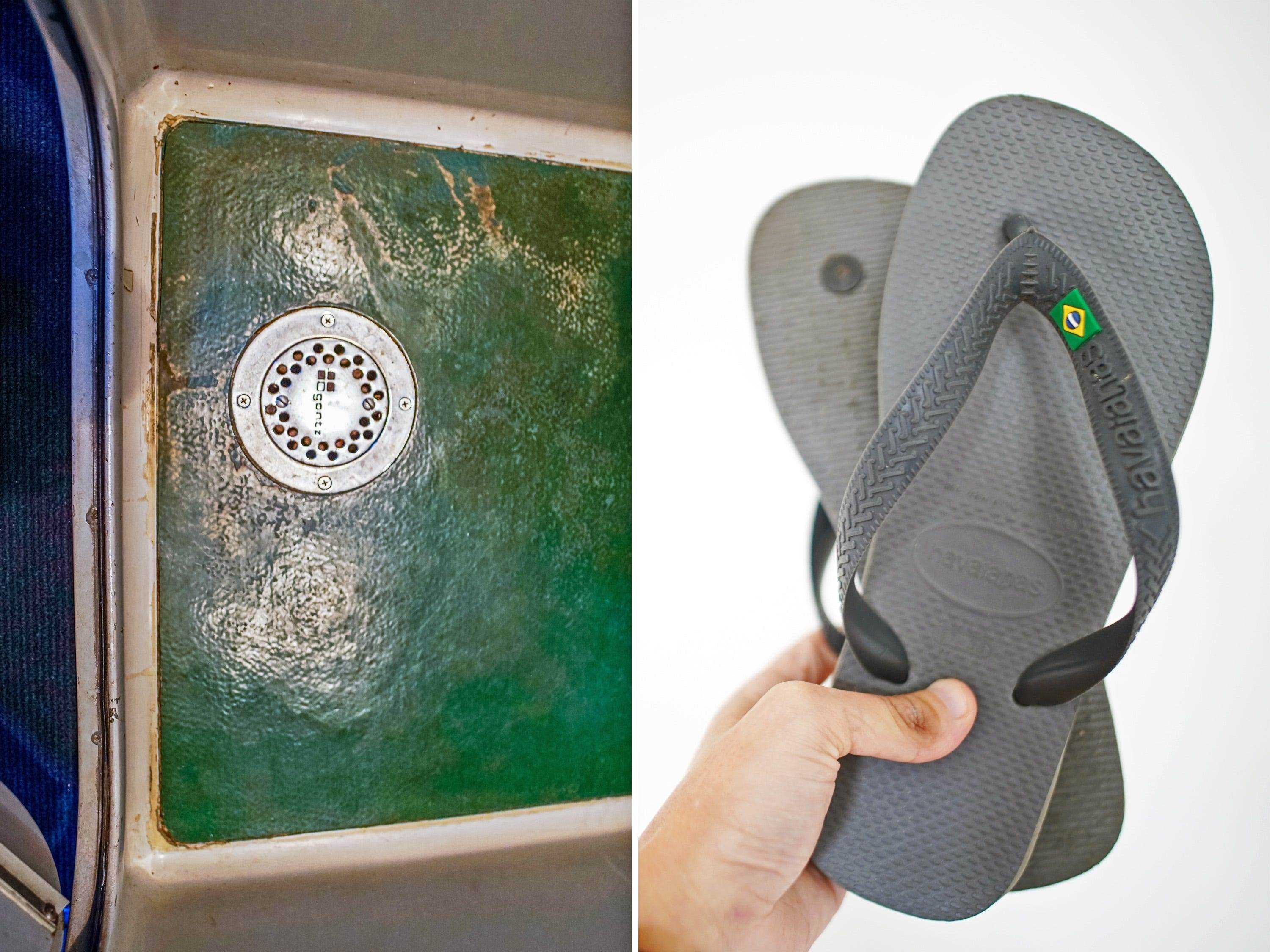 Links: Amtrack Duschboden ist grün mit braunen Flecken Rechts: Ein Paar graue Flipflops