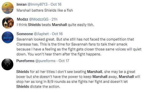 Boxfans auf Twitter machen Vorhersagen von Claressa Shields gegen Savannah Marshall.  Ein Fan sagt "Marshall schlägt Schilde wie ein Fisch" und ein anderer sagt "Ich denke, Shields schlägt Marshall ziemlich leicht".
