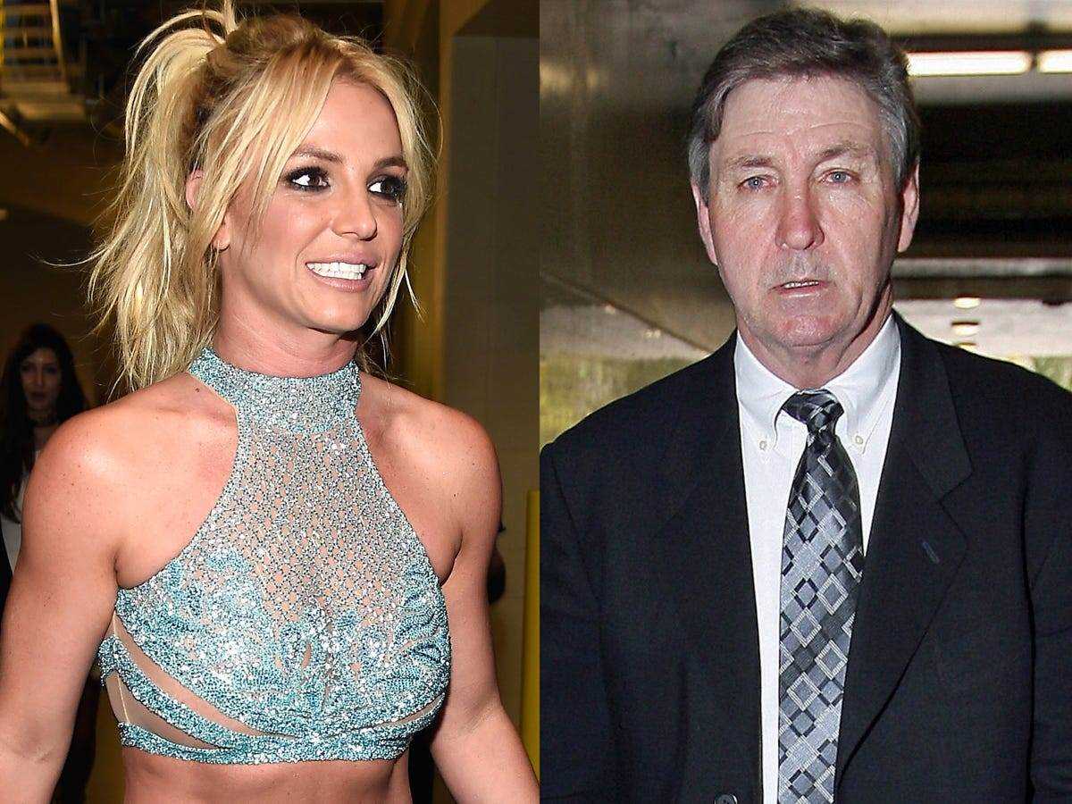 Ein Bild nebeneinander, das Britney Spears und ihren Vater Jamie (James) Spears zeigt.