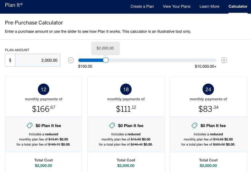 Screenshot des Zahlungsrechners für die American Express Plan It-Werbeaktion mit monatlichen Zahlungsoptionen für 12-, 18- und 24-Monats-Pläne.
