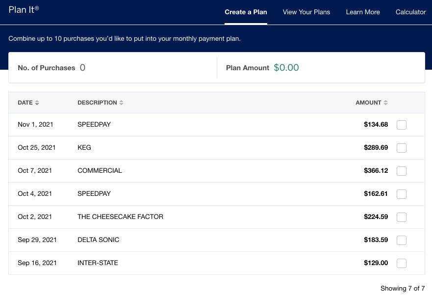 Screenshot eines Beispiels für die Erstellung eines Amex Plan It mit einer Liste der berechtigten Käufe über 100 USD.