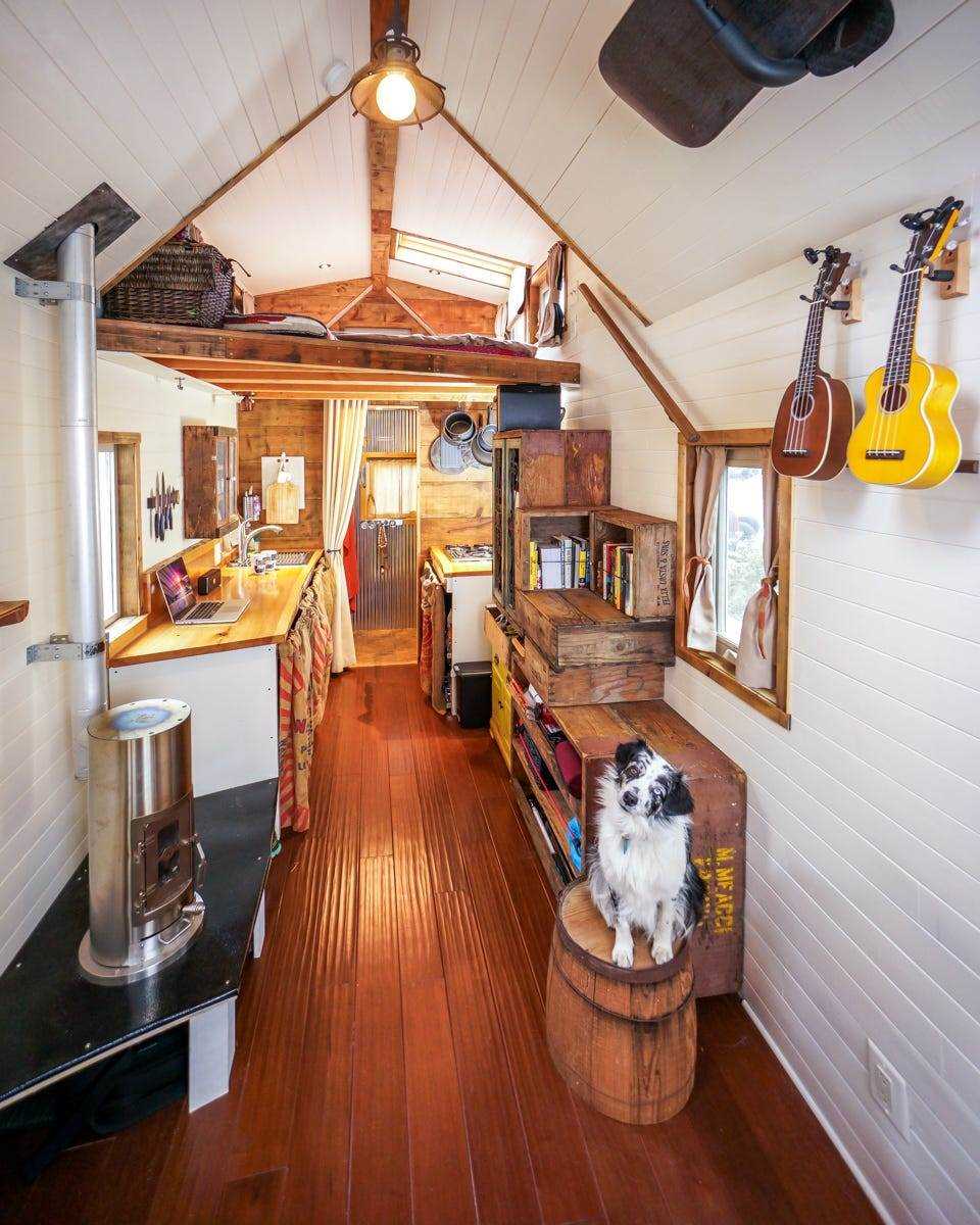 Der Wohnraum mit Hund im Vordergrund und die Küche im Hintergrund von Jenna Spesards Tiny House