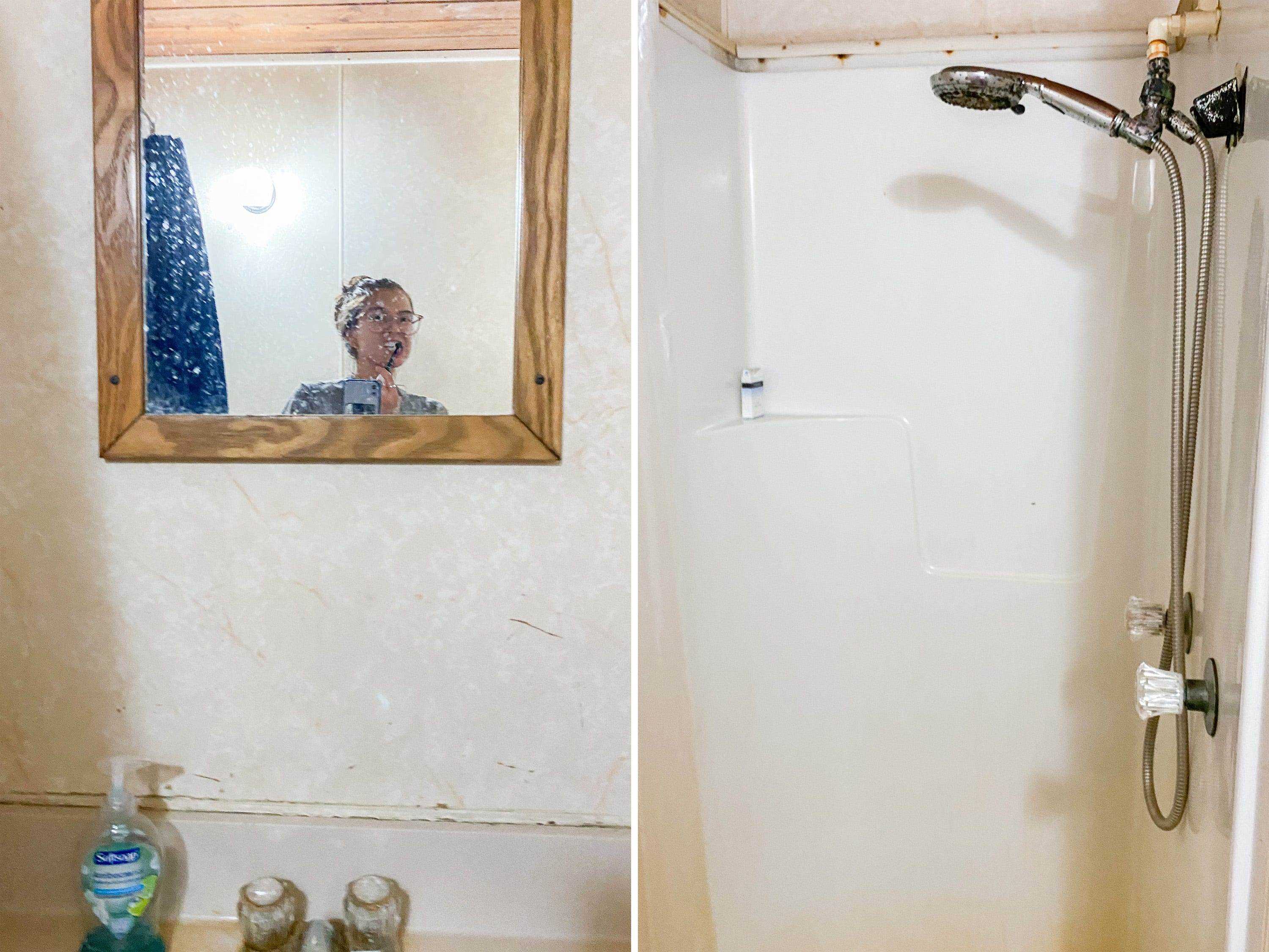 Fotos nebeneinander zeigen Waschbecken, Spiegel und Dusche