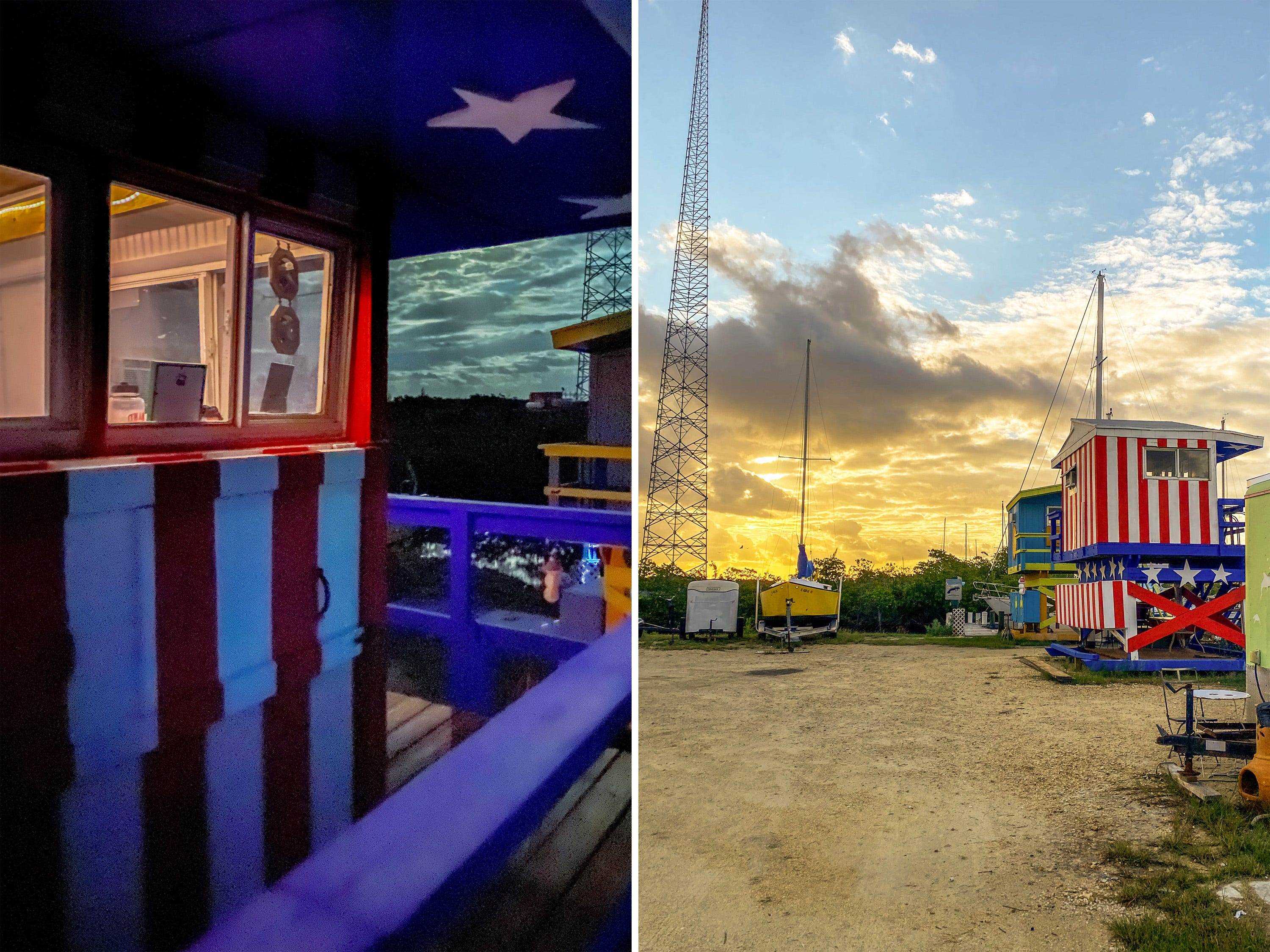 Fotos nebeneinander zeigen die Außenseite des Turms bei Nacht und bei Sonnenaufgang