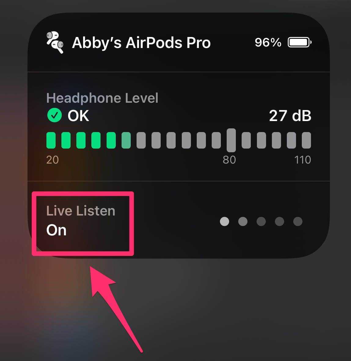 Screenshot der Hearing-App mit hervorgehobenem Live Listening