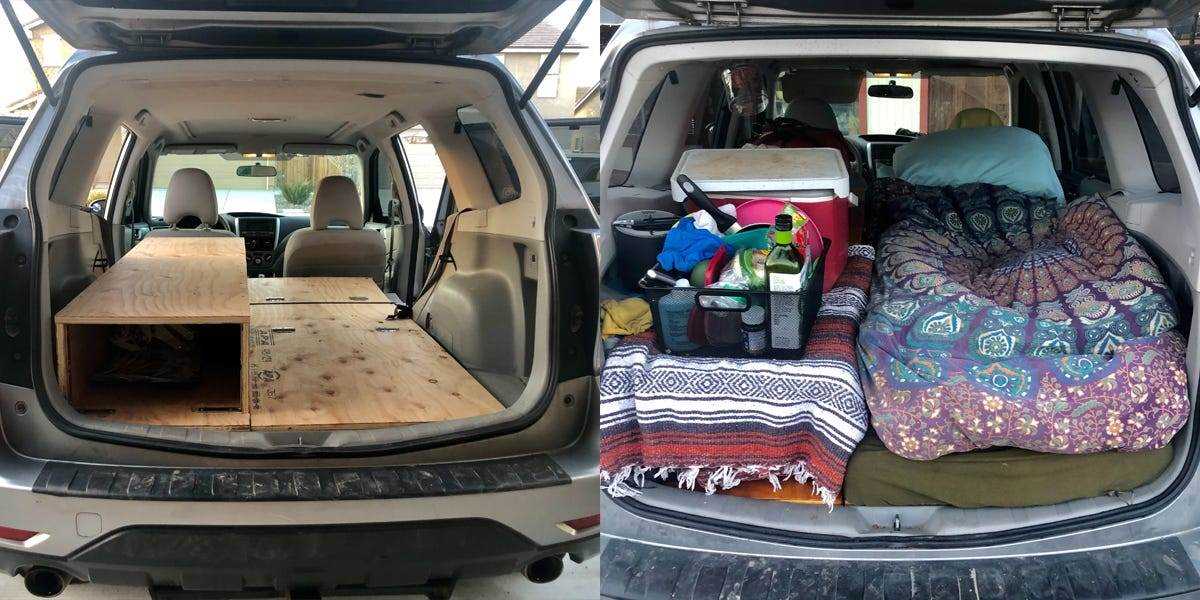 nebeneinander Fotos durch den Kofferraum eines Subaru-Försters vor und nach dem Schlafengehen und andere Gegenstände werden hinzugefügt