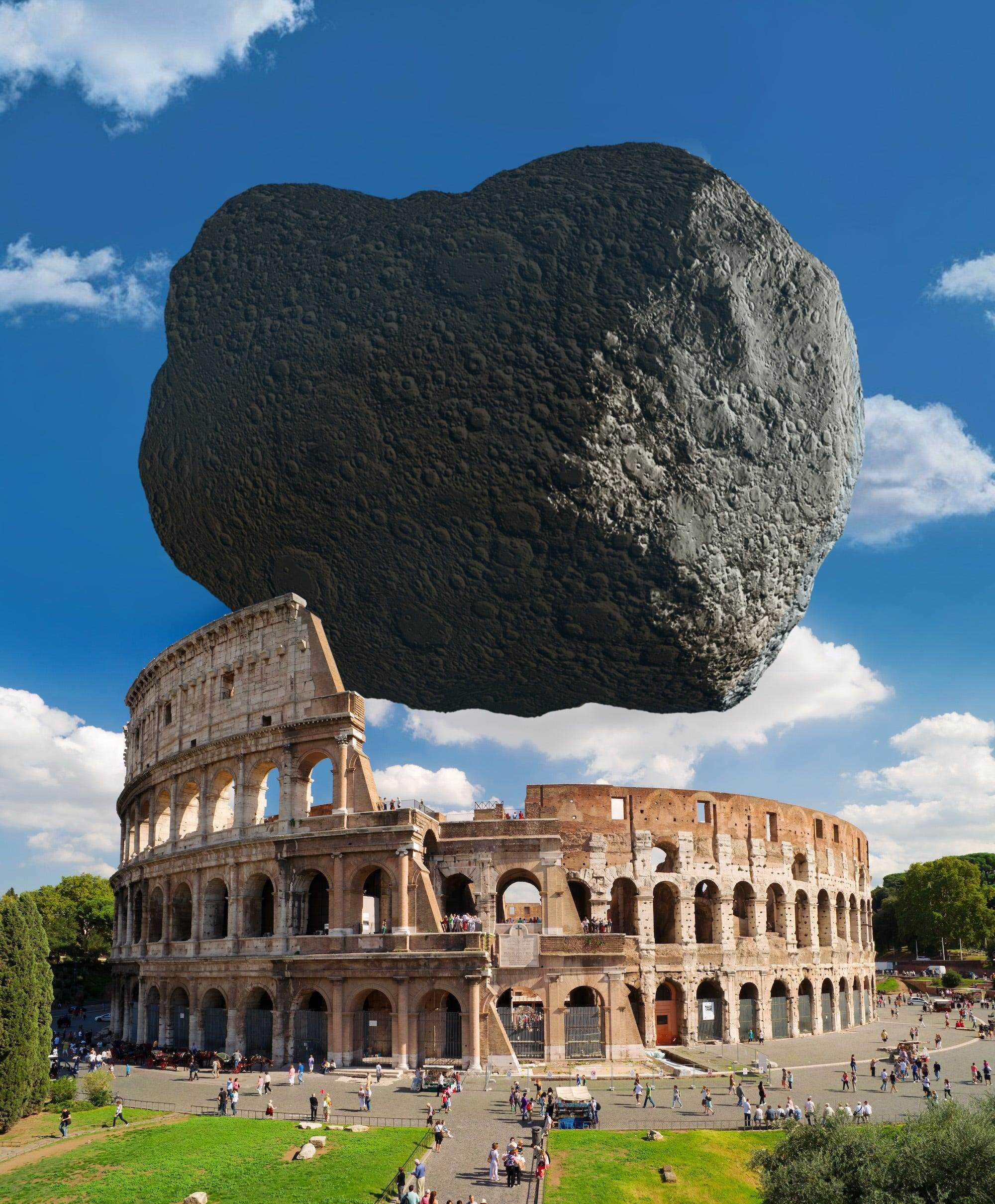 Asteroid Dimorphos neben dem Kolosseum in Rom bearbeitet und zeigt, dass sie die gleiche Größe haben