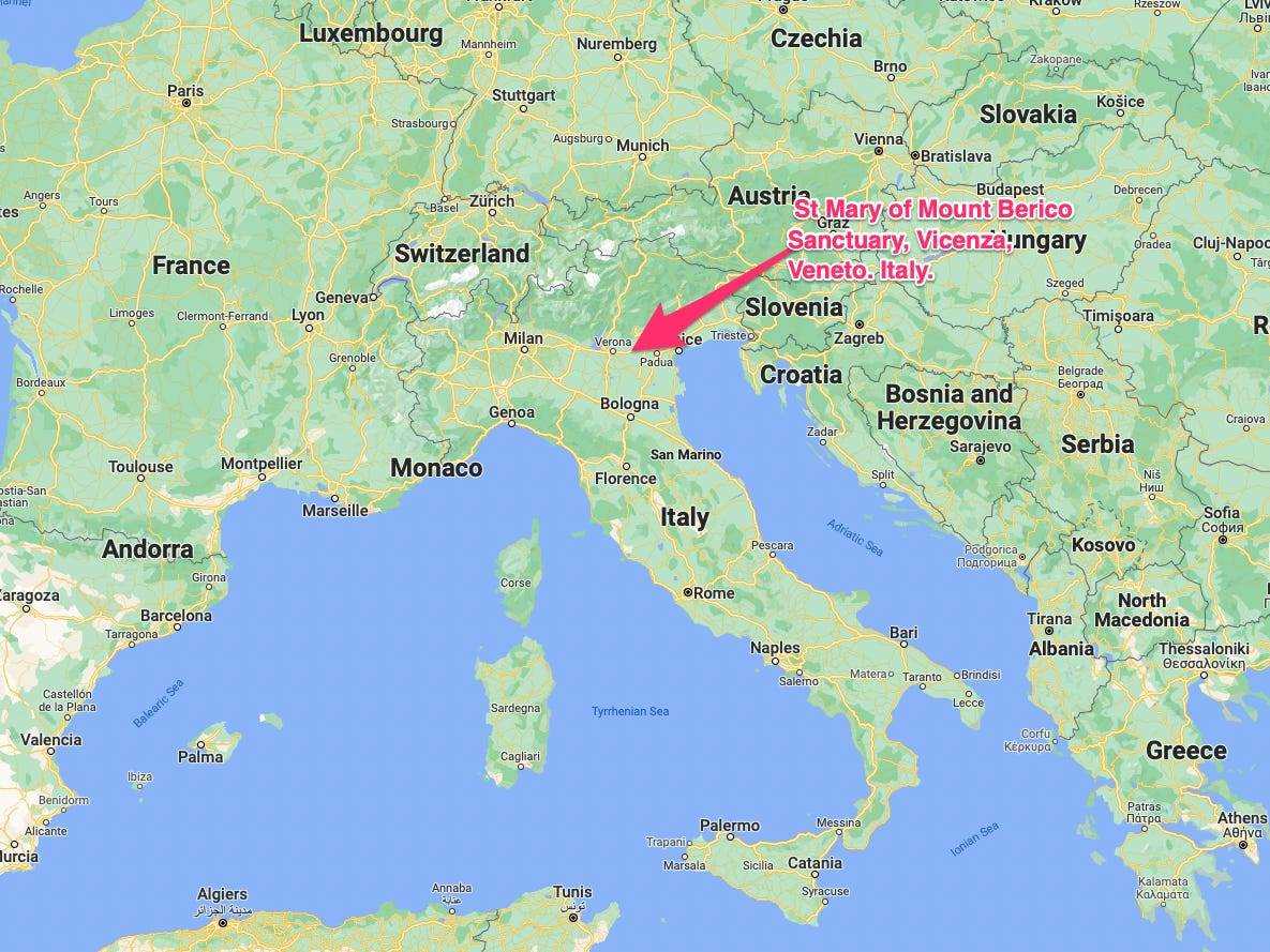 Eine Karte mit der Lage des Heiligtums der Heiligen Maria vom Berg Berico, Italien.