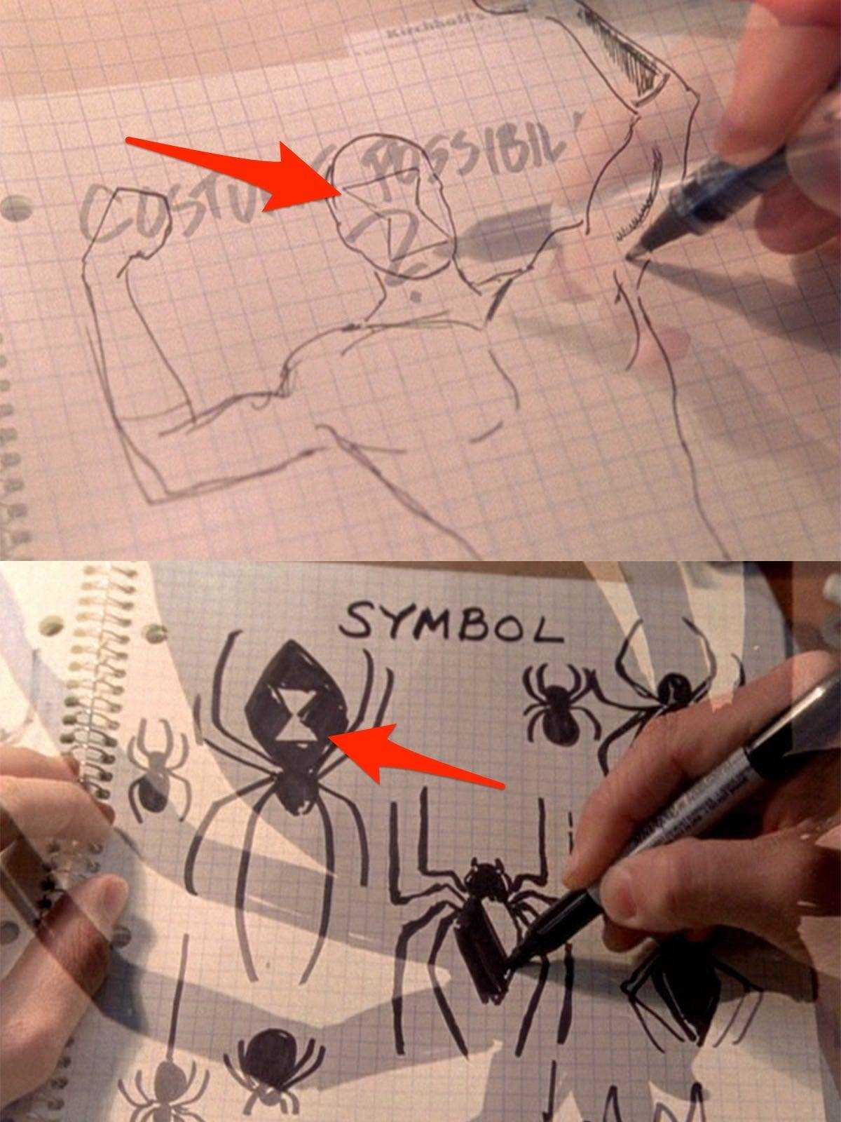 Skizzen für Spider-Man-Kostümideen, die in einem Notizbuch in 
