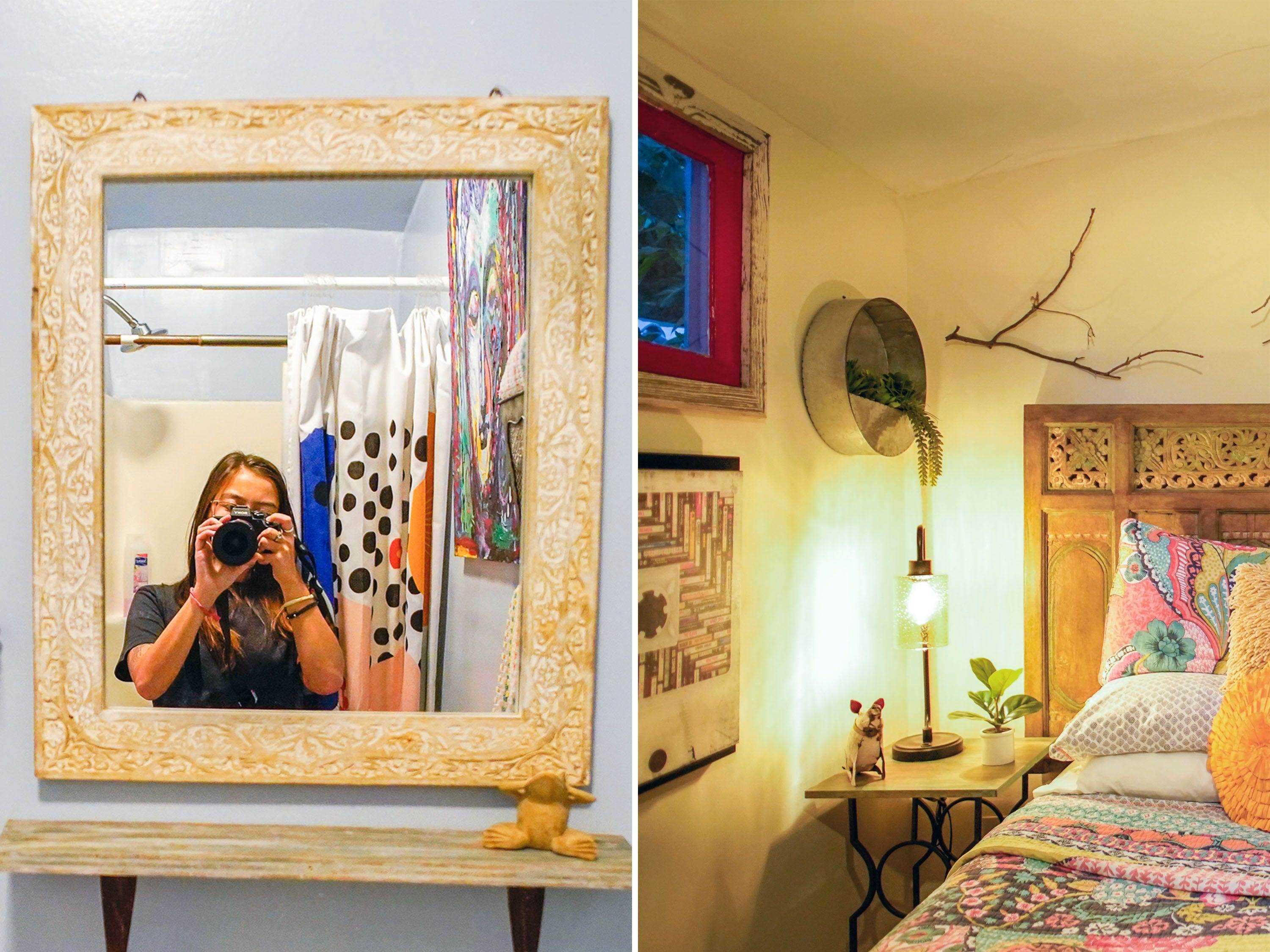 Links: Der Autor macht ein Foto im Badezimmerspiegel Rechts: Der Nachttisch ist mit der Lampe neben dem Bett zu sehen