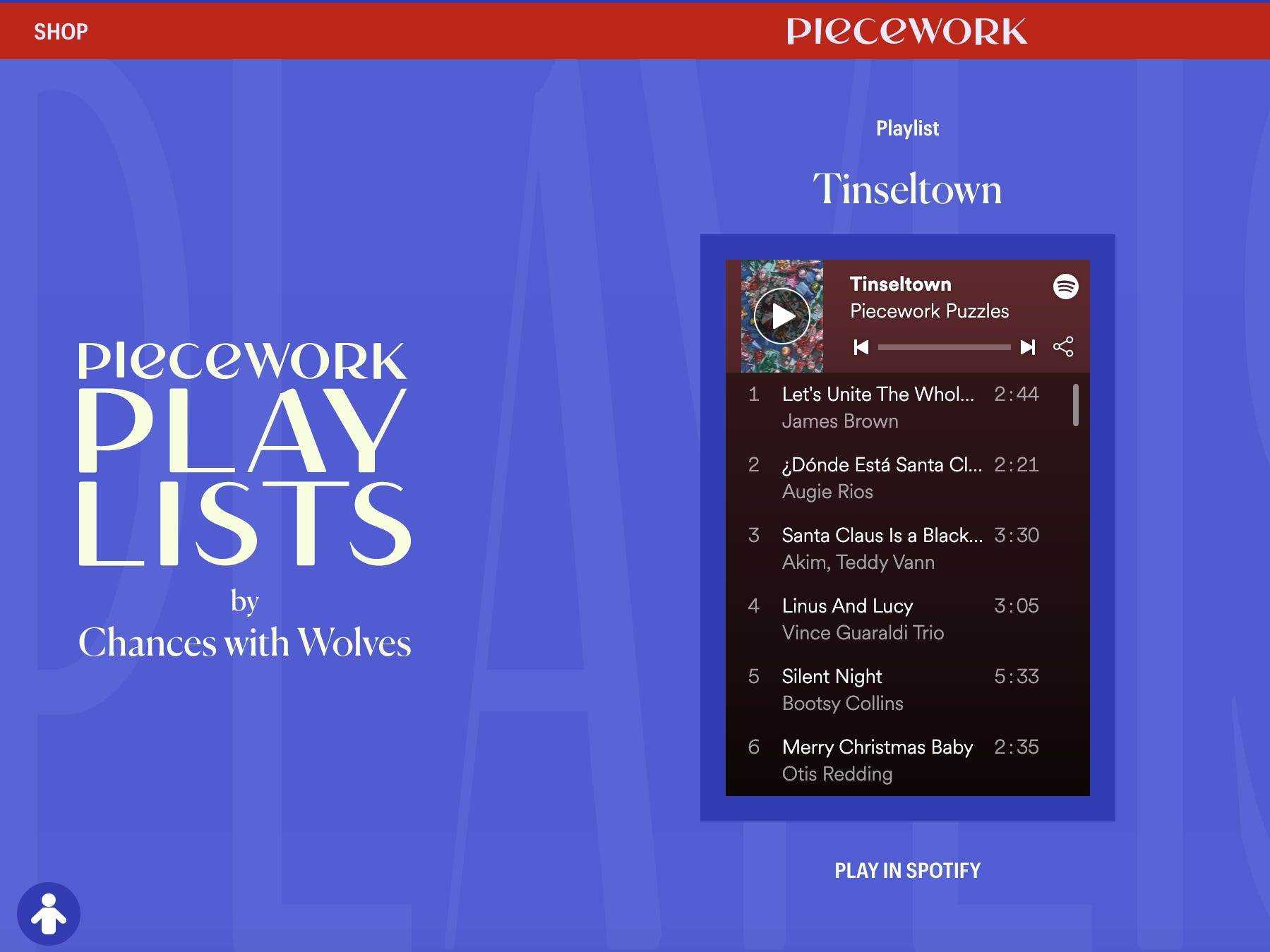 Screenshot der Piecework Puzzles-Website mit einer Spotify-Playlist darauf