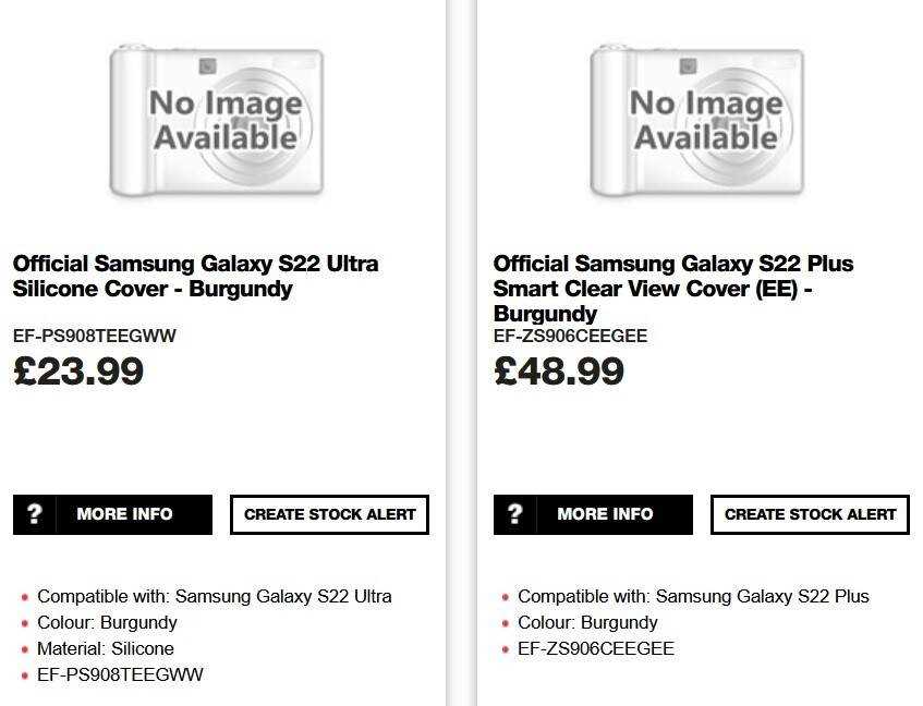 Auflistung von Hüllen auf der Box.co.uk-Website für das Galaxy S22 Ultra und Galaxy S22+ - Zubehör für die 5G-Samsung-Galaxy-S22-Serie erscheint auf der Website des britischen Einzelhändlers