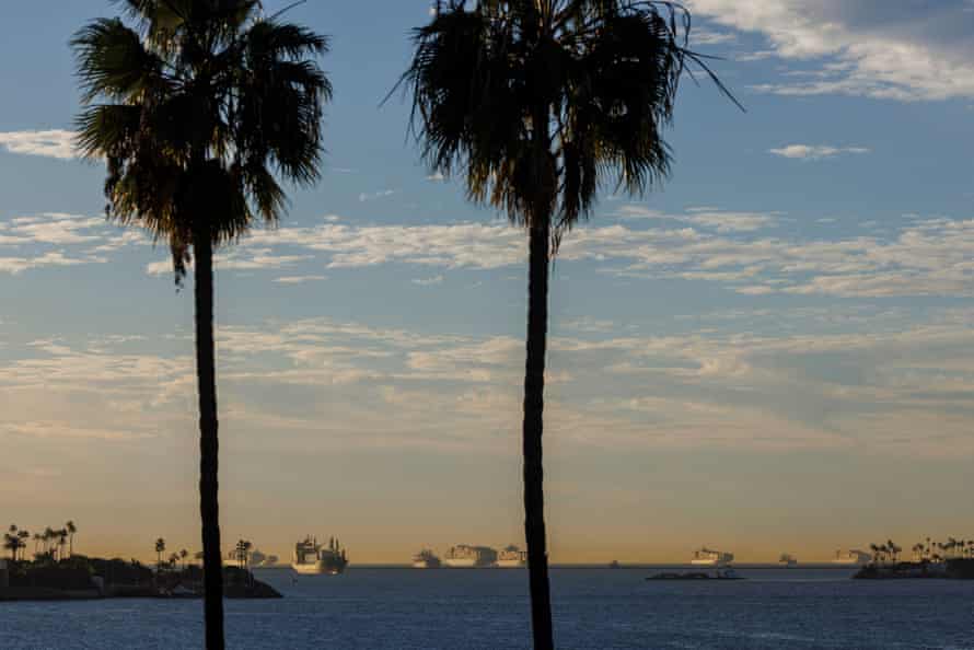 Schiffsreihe auf dem Wasser mit zwei Palmen im Vordergrund