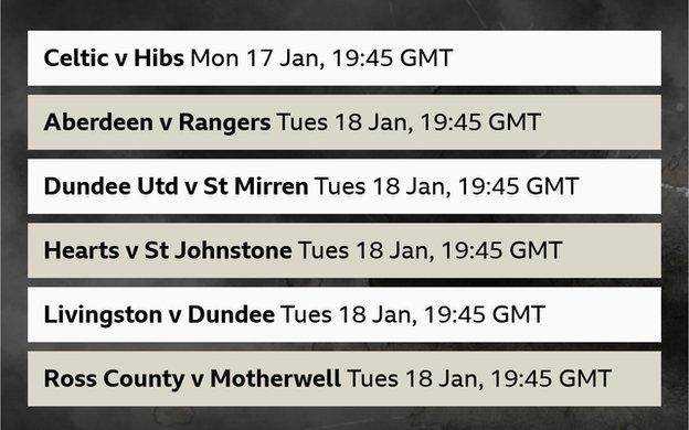 Montag, 17. Januar - Celtic - Hibernian.  Dienstag, 18. Januar – Aberdeen gegen Rangers (live bei Sky Sports), Dundee Utd gegen St. Mirren, Hearts gegen St. Johnstone, Livingston gegen Dundee, Ross County gegen Motherwell.