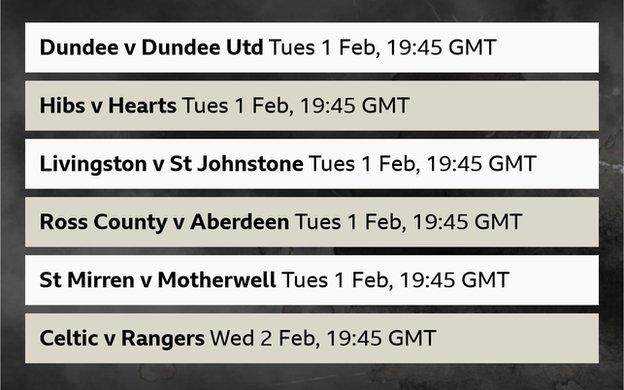 Dienstag, 1. Februar - Dundee - Dundee Utd, Hibs - Heart of Midlothian (live auf Sky Sports), Livingston - St Johnstone, Ross County - Aberdeen, St Mirren - Motherwell.  Mittwoch, 2. Februar - 19.45 Uhr Celtic vs. Rangers (live bei Sky Sports).