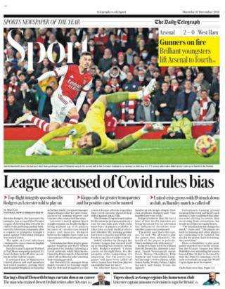 Die Telegraph-Rückseite vom Donnerstag mit der Überschrift „Liga wird der Voreingenommenheit der Covid-Regeln beschuldigt“