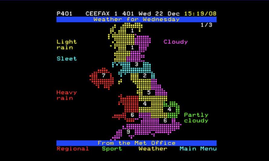 Die Wettervorhersage zu Nathan Danes Neuauflage von BBC Ceefax.