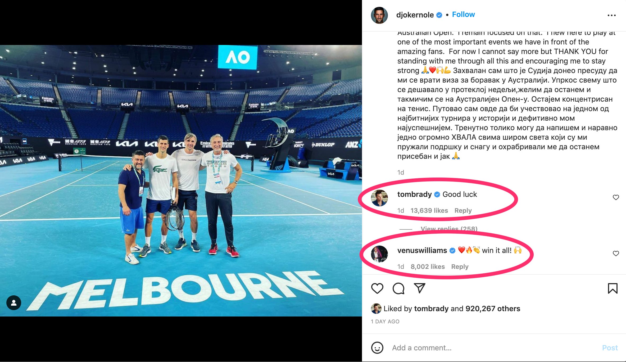 Tom Brady und Venus Williams kommentieren Novak Djokovics Instagram-Post.
