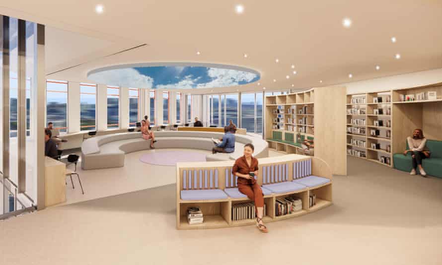 Die La La-Bibliothek, eine Ruhezone mit Taschen für individuelles Arbeiten und eine interaktive Augenkunstinstallation zur Unterstützung des Wohlbefindens der Google-Mitarbeiter, die ein Fenster zu den vorbeiziehenden Wolken bietet.