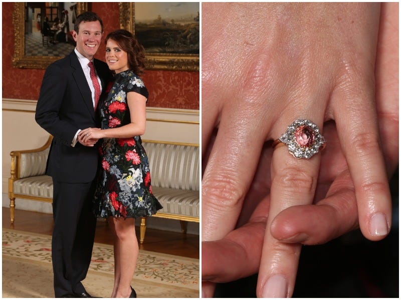 Links: Prinzessin Eugenie und Jack Brooksbank geben ihre Verlobung bekannt.  Rechts: Eugenies Verlobungsring, ein rosafarbener Diamant, umgeben von weiteren Diamanten.